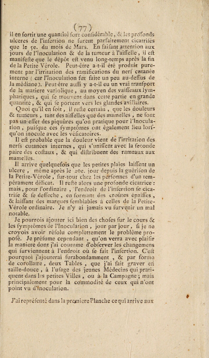 il en fortit une quantité fort confkîérable, & les profonds ulcérés de l’infertion ne furent parfaitement cicamiés que le 5e. du mois de Mars. En faifant attention aux jours de l'Inoculation & de la tumeur à l’aiffelle, il eft manifefte que le dépôt eft venu long-temps après la fin delà Petite Vérole. Peut-être a-t-il été produit pure¬ ment par l'irritation des ramifications du nerf cutanée interne ( car l'Inoculation fut faite un peu au-deffus de la médiane ). Peut être auffi y a-t-il eu un vrai tranfport de la matière variolique, au moyen des va i fléaux lym¬ phatiques, qui le trouvent dans cette partie en grande quantité, & qui fe portent vers les glandes axillaires. Quoi qu'il en foit, il refie certain , que les douleurs & tumeurs , tant des aiffelles que des mamelles , ne font pas un effet despiquûres qu’on pratique pour l'Inocula¬ tion , puifque ces fymptômes ont également lieu lors¬ qu'on inocule avec les véficatoires. Il eff probable que la douleur vient de l’irritation des nerfs cutanées internes , qui s’uniffent avec la fécondé paire des coftaux , & qui diftribuent des rameaux aux mamelles. Il arrive quelquefois que les petites plaies laiffent un ulcéré , même après le 20e. jour depuis la guérifon de la Petite-Vérole , fur-tout chez les pe'rfonnes d’un te ni- ■ pérament délicat. Il reftê alors une profonde cicatrice : mais, pour l’ordinaire , l’endroit de l'infertion fe cica- trife & fe deffeche , en formant des croûtes épaiffes , &laiffant des marques fembiables à celles de la Petite- Vérole ordinaire. Je n’y ai jamais vu furvenir un mal notable. Je pourrois ajouter ici bien des chofes fur le cours & les fymptômes de l’Inoculation , jour par jour, fi je ne croyois avoir réfolu complertement le problème pro- pofé. Je préfunie cependant , qu’on verra avec piaifir la maniéré dont j’ai coutume d’obferver les changemens qui furviennent à l’endroit où fe fait l’infertion. C’eff pourquoi j’ajouterai Surabondamment , & par forme de corollaire, deux Tables , que j'ai fait graver en taille-douce , à l’ufage des jeunes Médecins qui prati¬ quent dans les petites Villes , ou à- la Campagne ; mais principalement pour la commodité de ceux qui n'ont point vu d'inoculation. J’airepréfenté dans la premiers Planche ce qui arrive aux