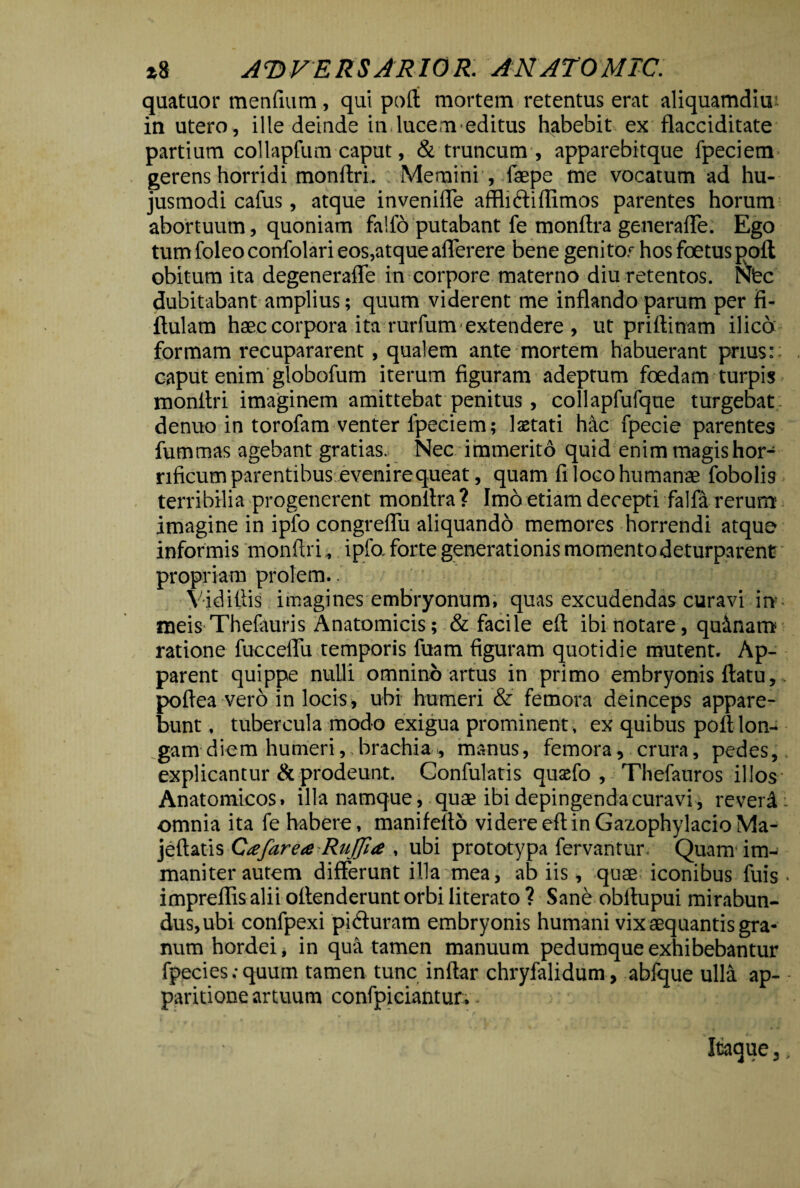 *8 AT) VE RSAR10 R. ANATOMFC. quatuor menfmm, qui poft mortem retentus erat aliquamdiu^ in utero , ille deinde in ducem editus habebit ex flacciditate partium collapfum caput, & truncum , apparebitque fpeciem gerens horridi monftri. Memini , faepe me vocatum ad hu¬ jusmodi cafus, atque invenifle afflnSiflimos parentes horum abortuum, quoniam falfo putabant fe monftra generaffe. Ego tum foleoconfolari eos,atque aflerere bene genitor hos foetus poft obitum ita degenerafle in corpore materno diu retentos, P^fec dubitabant amplius; quum viderent me inflando parum per fi- flulam haec corpora ita rurfum extendere , ut priftinam ilico formam recupararent, qualem ante mortem habuerant prius:: caput enim globofum iterum figuram adeptum foedam turpis monltri imaginem amittebat penitus, collapfufque turgebat denuo in torofam venter fpeciem; laetati hac fpecie parentes fummas agebant gratias. Nec immerito quid enim magis hor¬ rificum parentibus evenire queat, quam fi loco humanae fobolis terribilia progenerent monfira ? Imo etiam decepti falfa rerum imagine in ipfo congreflu aliquando memores horrendi atque informis monffri * ipfo. forte generationis momento deturparent propriam prolem.. Vidifiis imagines embryonum, quas excudendas curavi in- meis Thefauris Anatomicis; & facile eft ibi notare, quinam ratione fucceflii temporis fuam figuram quotidie mutent. Ap¬ parent quippe nulli omnino artus in primo embryonis flatu, poflea vero in locis, ubi humeri & femora deinceps appare¬ bunt , tubercula modo exigua prominent, ex quibus poft lon¬ gam diem humeri, forachiai, manus, femora, crura, pedes, explicantur & prodeunt. Confulatis quaefo , Thefauros illos Anatomicos, illa namque, quae ibi depingenda curavi, reveid: omnia ita fe habere, manifelto videre efl in Gazophylacio Ma- jeftatis Ctefarea Rujjiae , ubi prototypa fervantur Quam im¬ maniter autem differunt illa mea, ab iis, quae iconibus fuis • impreflis alii offenderunt orbi literato ? Sane obltupui mirabun¬ dus, ubi confpexi pidfturam embryonis humani vix aequantis gra¬ num hordei, in qua tamen manuum pedumque exhibebantur fpecies;quum tamen tunc inftar chryfalidum, abfque ulla ap¬ paritione artuum confpicianturv-