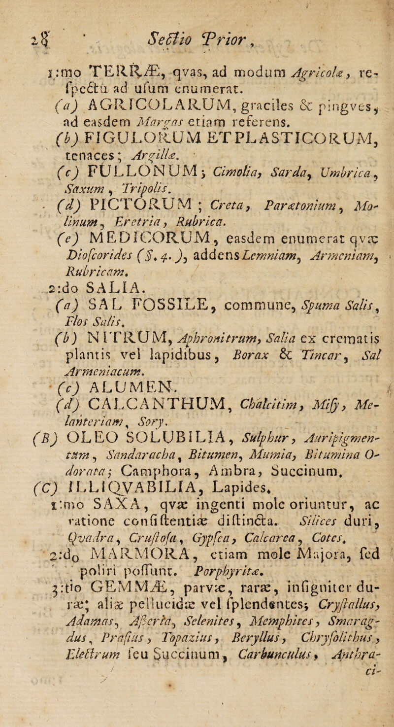 z8 * Se Si io cPriory . * 4 i :mo TERRA7;, qvas, ad modum AgricoU, re~ fpcftd ad ufum enumerat. (a) AGRICOLARUM, graciles & pingves, ad easdem Marras etiam referens. (b) FIGULORUM ET PLASTICORUM, tenaces; Argilla. (c) FULLONUM > Cimolia, Sarda, Umbrica, Saxum , Tripolis. * (d) PICTORUM ; Creta, Par Itonium, A/i?- linumy Eretria, Rubrica. (O J MEDICORUM, easdem enumerat qvte Diofcorides (§, 4. addens Lemniam, Armeniam, > Rubricam. 2:do SALIA. (G) SAL FOSSILE, commune, Spuma Salis, Flos Salis, (b) N ITRCJM, Aphronitrum, Salia ex crematis plantis vel lapidibus, IGr/z* & Tincar, Armeniacum, (c) ALUMEN. (d) CA1^CANTHUM, Cbalcitim, Mijy, Me- lanteriam, ^>7. (B) OLEO SOLUBILIA, Sulphur, Auripigmen¬ tum , Sandaracha, Bitumen, Mu mi a, Bitumina O- dor at a; Camphora, Ainbra, Succinum. (C) ILLIQyABILIA, Lapides* i:mo SAXA, qvte ingenti mole oriuntur, ac ratione condlientias diltincla. Silices duri, Qvadra, Crujlofa, Gypfca, Cale arca, Cotes, 2.‘d0 MARMORA, etiam mole Majora, fed poliri podurit. Porphyriu. 3:tio GEMMiE, parvte, rarae, infigniter du¬ rae; aliae pellucida: vel fplendentes* Cryftallus, Adamas, Aperta, Sclenites, Memphites, Smarag¬ dus , Prafius, Topazius, Beryllus, Chryfoiithus, VJettrum fe u § ij cci n u m , Carbunculus > Anthra¬ ci>