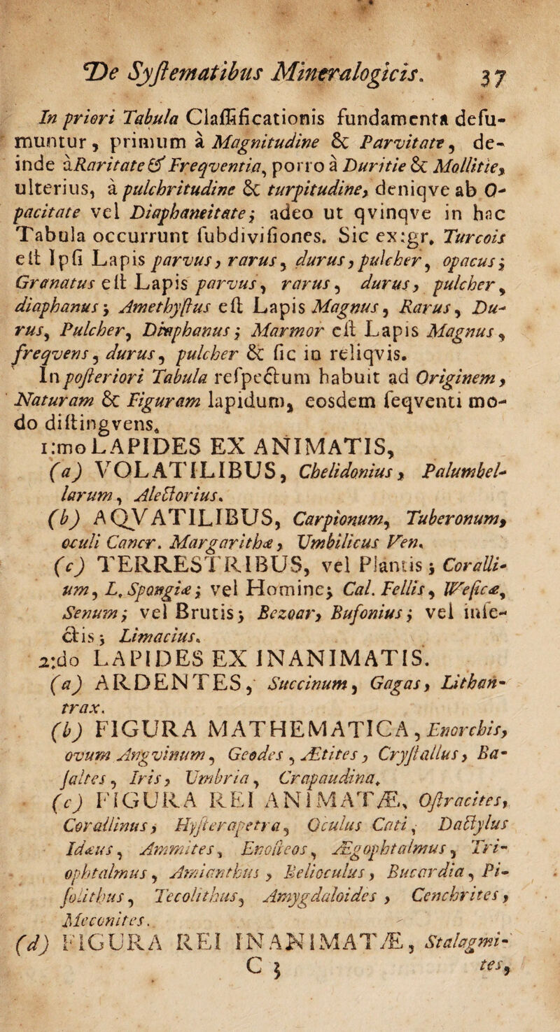 In priori Tabula Claffificationis fundamenta defu- muntur , primum a Magnitudine & Parvitate, de- inde a Raritate & Freqventia, porro a Duritie 6c Mollitie^ ulterius, a pulchritudine & turpitudine, deniqve ab G- pacitate vel Diaphaneitate, adeo ut qvinqve in hnc Tabula occurrunt fubdivifiones. Sic ex;gr, Turcois e It Ipfi Lapis parvus, rarus^ durus, pulcher, opacus± Granatus e It Lapis parvus, rarus, durus, pulcher, diaphanusy Amethyftus eft Lapis Magnus ^ Rarus, X>/z- r/tfPulcher, Dmphanus $ Marmor clt Lapis Magnus , freqvens, durus, pulcher 6c fic in reliqvis. Inpofieriori Tabula refpcctum habuit ad Originem, Naturam Sc Figuram lapidum, eosdem feqventi mo¬ do diltingvens* i:moLAPIDES EX ANIMATIS, (TJ VOLATILIBUS, Chelidonius , Palumhel- larum, Ale florius. (b) A QVA TILIB U S, Carpionumr Tuberonum, oculi Cancr. Margarith<£ , Umbilicus Ven* (c) TERRESTRIBUS, vel Plantis 5 Coralli* um, L,SpQttgi<e%y vel Homine^ Cal.Fellis, IFejic£y Senumy vel Brutis> Bezoar, Bufonius j vel inte¬ ctis j Lima cius,. 2:00 LAPIDES EX INANIMATIS. (T) ARDENTES, Succinum, Gagas, Litban - trax. (b) FIGURA MATHEMATICA,Enorchis, ovum Angvinum, Geo des , Aitites, Cryjt alius, Ba- jaltes , Iris, Umbria, Crapaudina. (V) FIGURA REI ANIMATAE, Oftraches, Corallinus, Hyfterapetra5 Oculus Cati, Dailylus Idaus, Ammltes, Eno ficos, JEgopht almus, XW- ophtalmus, Amianthus , Meli oculus, Bucar dia, P/- Jo 11 thus, Te coli thus, Amygdaloides , Cenckrites , Me coni t es. (d) FIGURA REI IN A N IM A T /E, Stalagmi- C 5 w,