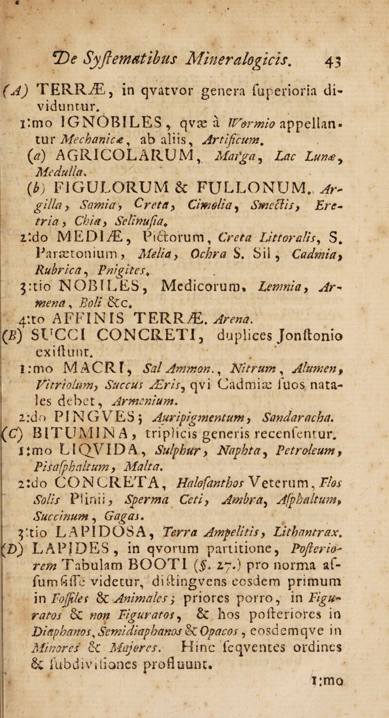 * *De Syftem&tibus Minerdlogicts, 43 (A) TERRiE, in qvatvor genera fuperioria di¬ viduntur* i!mo IGNOBILES, qvx a Wormio appellan¬ tur Mechanica^ ab aliis. Artificum* {d) AGRICOLARUM, Mafga, Lac Luridey Medulla. (b) FIGULORUM & FULLONUM*, Ar~ gilla y Samia, Creta , Cimolia, Smeciis > Ere¬ tria y Chia, Setinufia* 1 *.do MEDIAE, P1dtorum, Creta Litteralis, S* Paraetonium> Meliay Ochra S. Sii, Cadmia, Rubrica, Pni git es* 3:110 NOBILES, Medicorum» Lemnia, mena, Boli cCc* 4:to AFFINIS TERR£, (B) SUCCI CONCRETI, duplices Jonftonio exiflunt* l:mo MACRI, Ammon., Nitrum, Alumen 9 Vitriolumy Succus AHrisy qvi Cadmise iuos nata¬ les debet, Armenium. 2';d o PIN G V E S 5 Auripigmentum > Sandaracha. {(7) BITUMIN A , triplicis generis recenfentur* i;mo LIQVIDA, Sulphur> Naphta, Petroleum, Pisa fph altum, Malta. 2tdo CONCRETA, Halofanthos Veterum, EAx Plinii, Sperma Cetiy Ambra, Afphaltum* Saccinum, Gagas. 3’tio LAPIDOSA, Terra Ampelitisy Lithnntrax, (D) LAPIDES, in qvorum partitione, Pofterio- Tabulam BOOTI ($, 27.) pro norma af- fumflfle videtur, diflingvens eosdem primum in Fo[files & Animales; priores porro, in & #0« Figuratos, & hos pofteriores in Diaphanos, Semidiaphanos & Opacos ,eosdemqve in Minores & Mejeres. Hinc feqvemes ordines & fubdivitiones profluum* i:mo