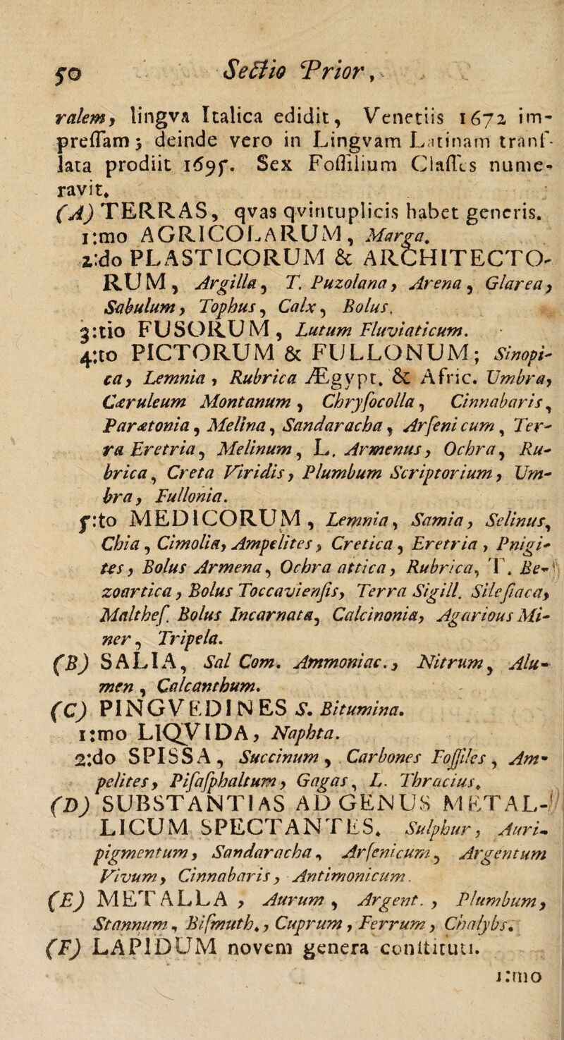 ralem, 1'ingva Italica edidit, Venetiis 1672 im- preflam 5 deinde vero in Lingvam Latinam tranf- lata prodiit 165^. Sex FoOiiium Cladis nume¬ ravit* (A) TERRAS, qvas qvintuplicis habet generis. i:mo AGRICOLARUM, Marga. z:do PLASTICORUM & ARCHITECTO¬ RUM, Argilla, T.Puzolana, Arena, Glarea, Sabulum, Tophus, O/.v, Bolus, a:tio FUSORUM, Lutum Fluviaticum. 4;to PICTORUM & FULLONUM; Sinopi¬ ca y Lemnia , Rubrica iEgypt. & Afric. Umbra, Caeruleum Montanum , Chryfocolla, Cinnabaris, Paraetonia, Melina, Sandaracha, Arfeni cum, Ter' ra Eretria, Melinum, L. Armentis, Ochra, , Creta Viridis, Plumbum Scriptorium, Um- , Fullonia. y;to MEDICORUM, Lemnia, Samia, Selinus, Chia, Cimolia, Ampelites, Cretica, Eretria , Pnigi* Us, Bolus Armena, Ochra attica, Rubrica, T. zoartica, Bolus Toccavierifis, Terra Sigill. Sile fi ac a, Malthef Bolus Incarnata, Cale inania, Agar ious Mi' ner, Tripela. (B) SALIA, *SVz/ G?w. Ammoniac., Nitrum, , Calcanthum. (C) PINGVEDINES Bitumina. i:mo LlQVlDA, Naphta. 2:do SPISSA, Succinum , Carbones Fojjilcs , pelites, Pifafphaltum, Gagas, Thracius* (7>; SUBSTANTIAS AD GENUS METAL¬ LICUM SPECTANTES* pigmentum, Sandaracha, Arfeni cum^ Argentum Vivum, Cinnabaris, Antimonicum. (E) METALLA > Aurum , Argent. , Plumbum, Stannum., Bifmuth*, Cuprum, Ferrum, Chalybs. (F) LAPIDUM novem genera conliituti. j:rno