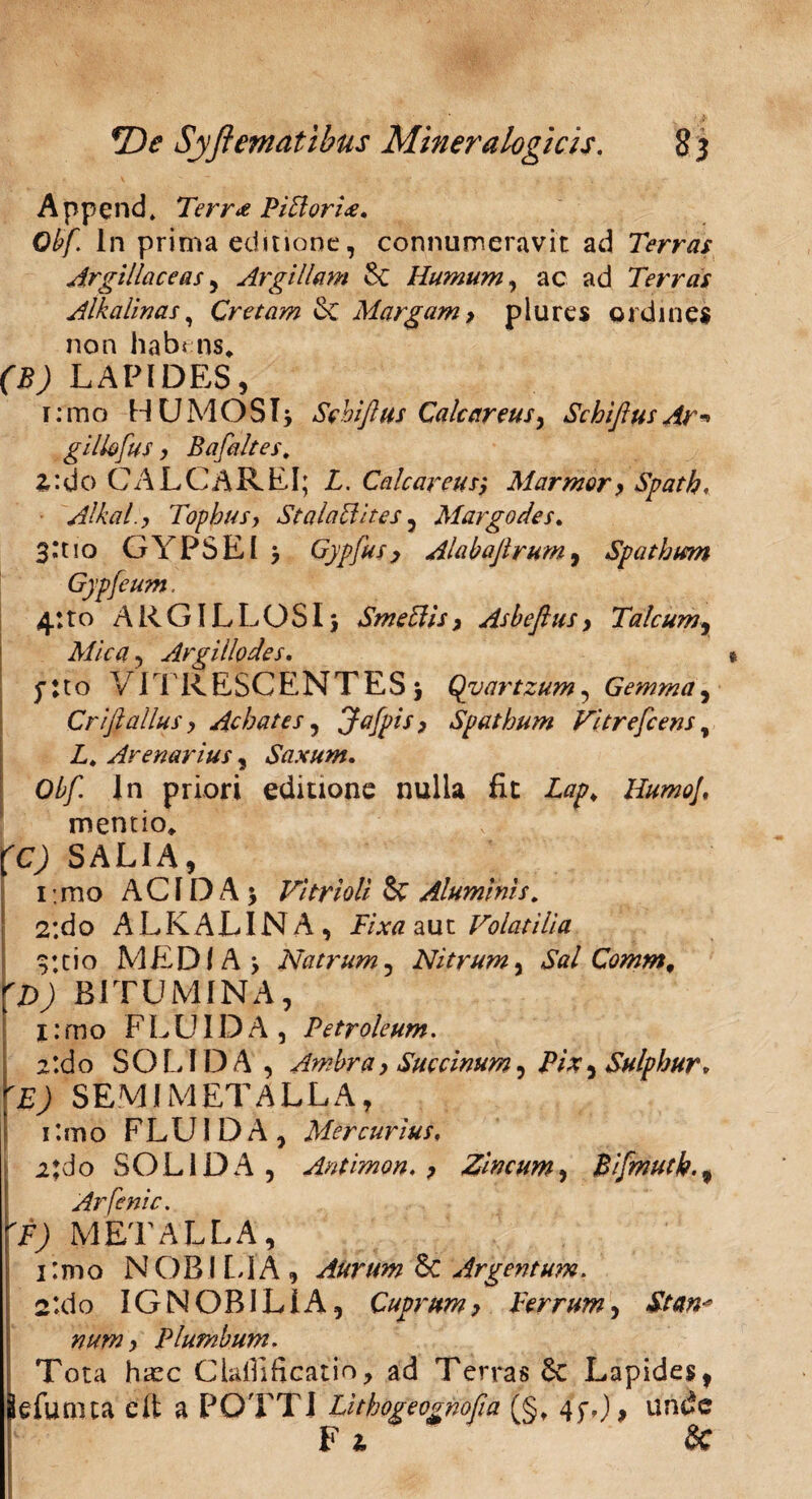 A ppend * Terrae Pitlorix. Qbf In prima editione, connumeravit ad Terras Argillaceas, Argillam Se Humum, ac ad Terras Alkalmas, Cretam Se Margam> plures ordines non habens» LAPIDES, i:rao H U M O S T j Schijlus Calcareus, Schiftus Ar * gillofus y Bafaltes. %: d o C A L C A R. EI; L. Calcareu/; Marmor y Spath. • Alkal.y Tophus y St alati ites , Margo des. 3:tio GYPSEI ) Gjp/usy Alabaftrum, Spathum Gjpfeum. 4:to ARGILLOSIj Smetiisy Asbefius y Talcumr Mica 5 Argi Ilo des. 5*:to VITRESCENTES j Qyartzum, Gemma, Criftalius y Achates, Jafpisy Spathum Vitrefcens, Z. Arenarius, Saxum. Obf. in priori ediuone nulla fit Z/y* Humo], mentio» L fCj SALIA, i:mo ACIDA) Vitri oli Se Aluminis, 2: d o ALKALINA, Zm? aut Volatilia 9;cio MEDIA, Natrum , Nitrum, Sal Comm9 fJ>) BITUMINA, I: m o FLUI D A , Petroleum. 2:do SOLIDA, Ambra y Suc tinum, JP/j, Sulphur, rE) SEMI METALLA, itmo FLUIDA, Mercurius, i:do SOLIDA, Antimon. y Zincum, Bifmuth., Arfenic. 'F) METALLA, I :mo NOBILIA, Aurum & Argentum. 2tdo IGNOBILIA, Cuprum y Ferrum y St an* hum y Plumbum. Tota hicc Claflificatio^ ad Terras Se Lapides, Sefumta eft a POTTJ Lithogeognofia (§„ 45*,), unde Fi Sc