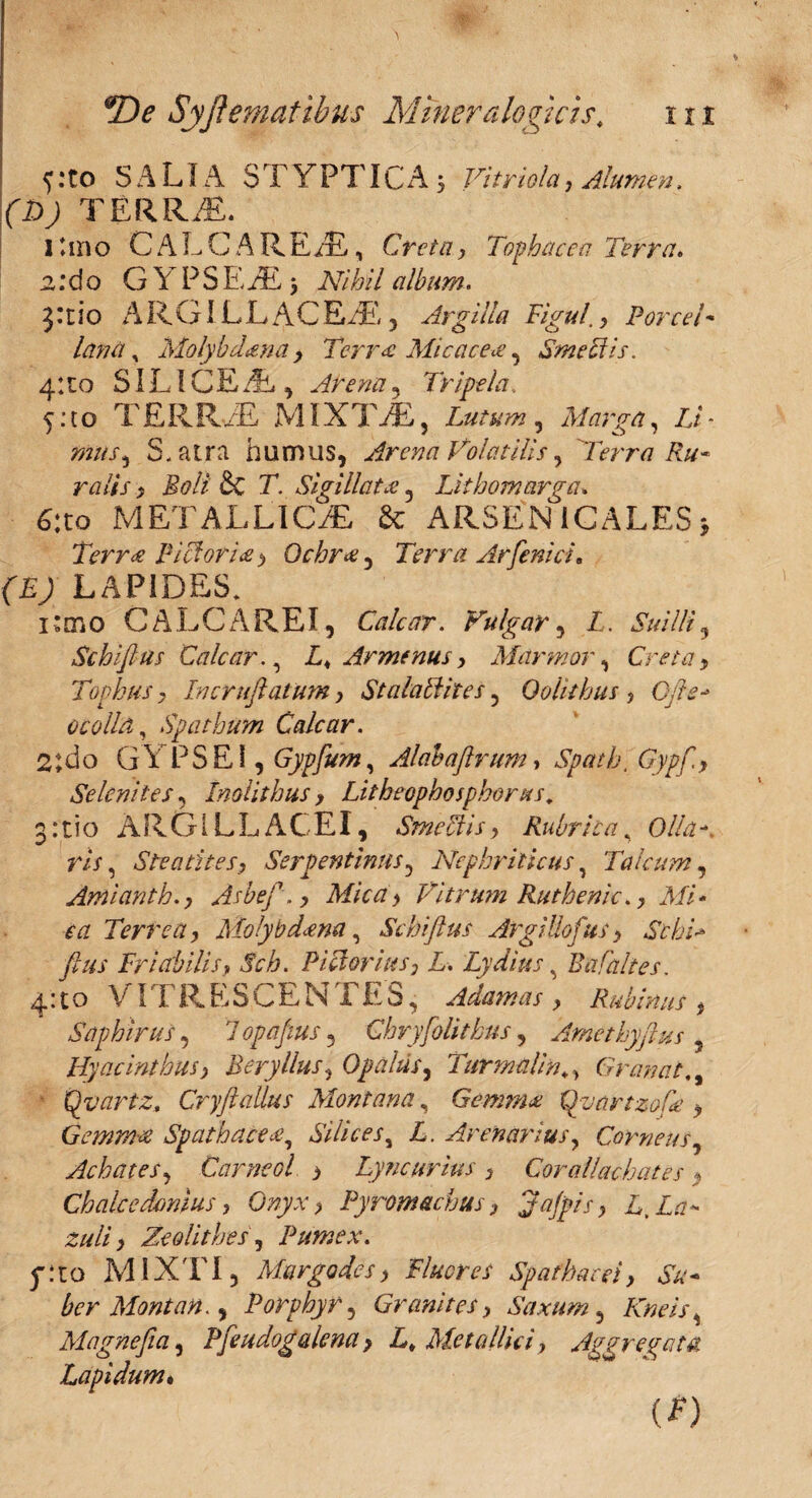 co y.to SALIA STYPTICA 5 Vitriola, Alumen. (D) TERRM. 2:60 G YPSEJE, $ Nihil album. }: t i o ARGILLACEAS, Argilla Figul.y Porcet - lana y Molybdena y Terra Micae e £, Smeffis. 4:to SILICE /fcj, Arena, Tripela. y.io TERREE MIXTiE, Lutum, Marga, Z/- »2///, S.atra humus, Arena Volatilis, Terra Ru^ ralis, & T Sigillata, Uthomarga, 6:to METALLICAE & ARSEN ICALES > Terra Piciori#!, Ochr£, Terra Arfienici» (E) LAPIDES. i;rno CALCA REI, Calcar. Fulgar, X. Suilli^ Schifius CalcarZ* Armenus, Marmor, Creta y Tophus y Incruftatum y StalaTUtes, 0 oli thus , ocollcl, Spathum Calcar. 2;do GYPSEI , Gypfum, Alabaftrum, Spaih, Gyp[> Selenites, Inolithus > Litheophosphorus„ :tio ARGILLACEI, Smcciis, Rubrica, 0//h- r/V, Steatitesy Serpentinus5 Nephriticus, Tat cum, Amianth.y Asbef.y Micay Vitrum Rutheni c., Mi - ea Terrea y Molybdena, Schiftns Argillofusy ScbV ftus Friabilisy Sch. Pictorius y L. Lydius, Bafaltes. 4: t o VIT R E S C E N T E S, Adamas y Rubinus f Saphirus, 7 opafius ^ Chryfolithus, Amethyftus ? Hyacinthusy Beryllusy Opalus, TurmalinGranat,, ■ Qvartz, Cryftalius Montana, Gemmee Quartzofe y Gemmee Spathace£, Silices^ L. Arenarius, Corneus, Achates, Carneol, > Lyncurius y Corallaehates, Ch alce demius y Onyx y Pyromachus y Jajptsy L, Lcm zuli y Zeolithes, Pumex. j:to MIXTI, Margodes y Fluores Spathae ei y Su- bcr Montan.) Porvhyr, Granites y Saxum , Kneis, Magne fi a, Pfieudog alena, Z* Metallici, Aggregata Lapidum• (S)