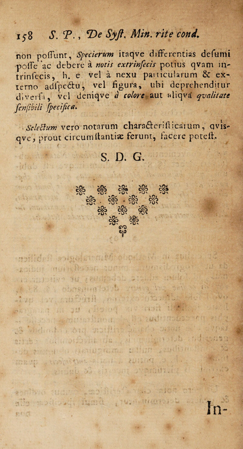 158 S. ‘P., *De Syft. Min. rite cond. non poffunr, Specierum itaqve differentias defumi poffe ac debere a notis extrinfecis potius qvam triniecis, h. e vel a nexu panicularum & ex¬ terno adipedu, vel figura, ubi deprehenditur cj, veri'i, vel deniqve a colore aut aliqva qv ditat e fenfibili [pecifica* -Selectum vero notarum chara&eri dicarum , qvis- qvc) prout circum lianti* ferunt, facere poted. S. D. G.