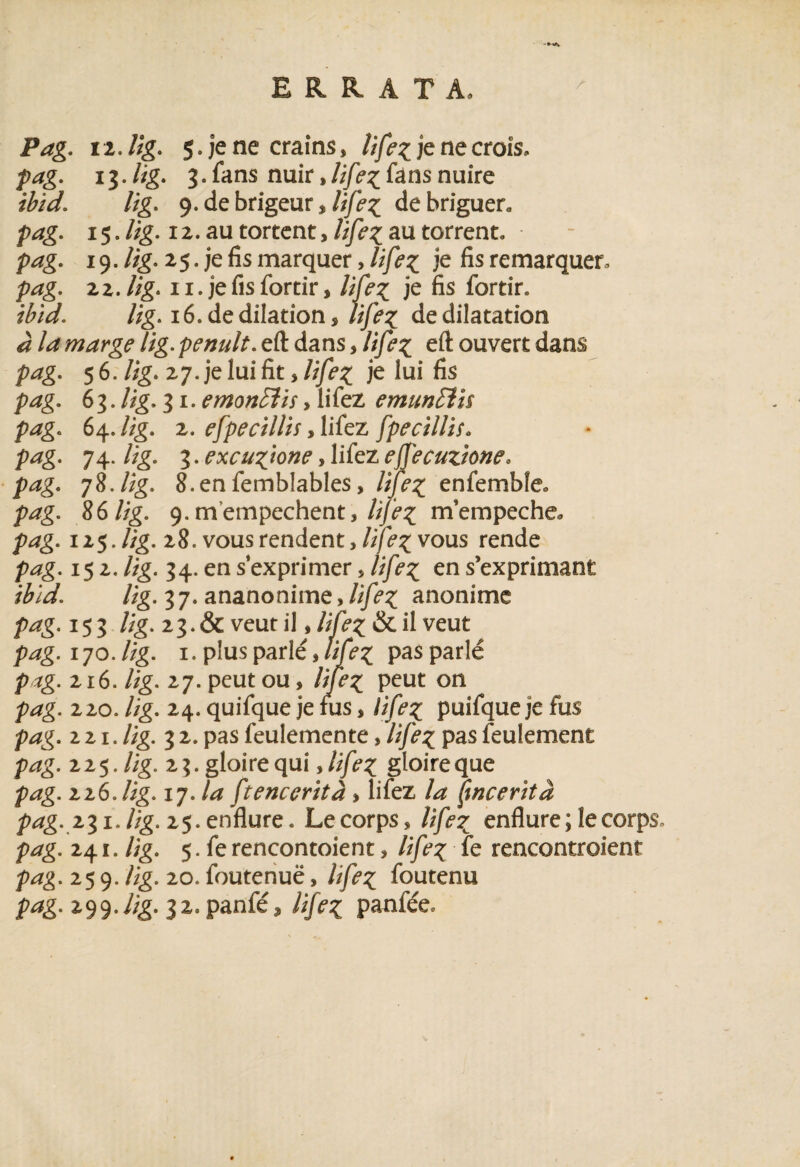ERRATA. Pag. 12. Ug. 5 Je ne crains, lifez ie ne crois» pag. 13.Ug. 3. fans nuit t lifez fans nuire ibid. Ug. 9-debrigeur % lifez de briguer» pag. 15. lig. 12. au torrent, ///?£ au torrent» p4g. 19. lig. 2 5. je fis marquer , U fez je fis remarquer, pag. zz. lig. 11. je fis fortir, lifez je fis fortin ibid. lig. 16. de dilations lifez de dilatation à la marge lig. penult. eft dans , lifez eft ouvert dans pag. 5 6. Ug. 27. je lui fit * lifez Je lui pag. 63. lig. 31. emondlis, lifez emunEliî pag. 64. //g. 2. efpecillis, lifez fpecillis» p*zg. 74. lig. 3. excuzjone, lifez ejjecuzione. p<2g« 78. lig. 8.enfemb!ables, ///^ enfembfe» pag. 86//g. 9. mempechent, //jteç m’empeche. pag. 125. //g. 28. vous rendent, ///^ vous rende p<2g. 152. lig. 34. en s'exprimer , ///>£ en s’exprimant //g. 37. ananonime,//^ anonime pag. 153 Ug. 23. & veut il,//Y>£ & il veut pag. 170. lig. 1. plus parlé, lifez pasparlé p*g. 216. //g. 27. peut ou, ///^£ peut on p^g. 220. lig. 24. quifque je fus, lifez puifque je fus pag. 121. lig. 3 2. pas feulemente , ///>£ pas feulement pag. 225./ig. z\. gloire qui , lifez gloire que pag. zz6.Ug. 17. la ftencerità % lifez la Çmcerità Pag\Z$iJig. 25. enflure» Le corps, lifez enflure ; le corps, pag. 241. Ug. 5. fe rencontoient, lifez fe rencontroient pag. 259. Ug. 20. foutenuë, ///^ foutenu pag. 299./ig. 32. panfé, ///<?? panfée.