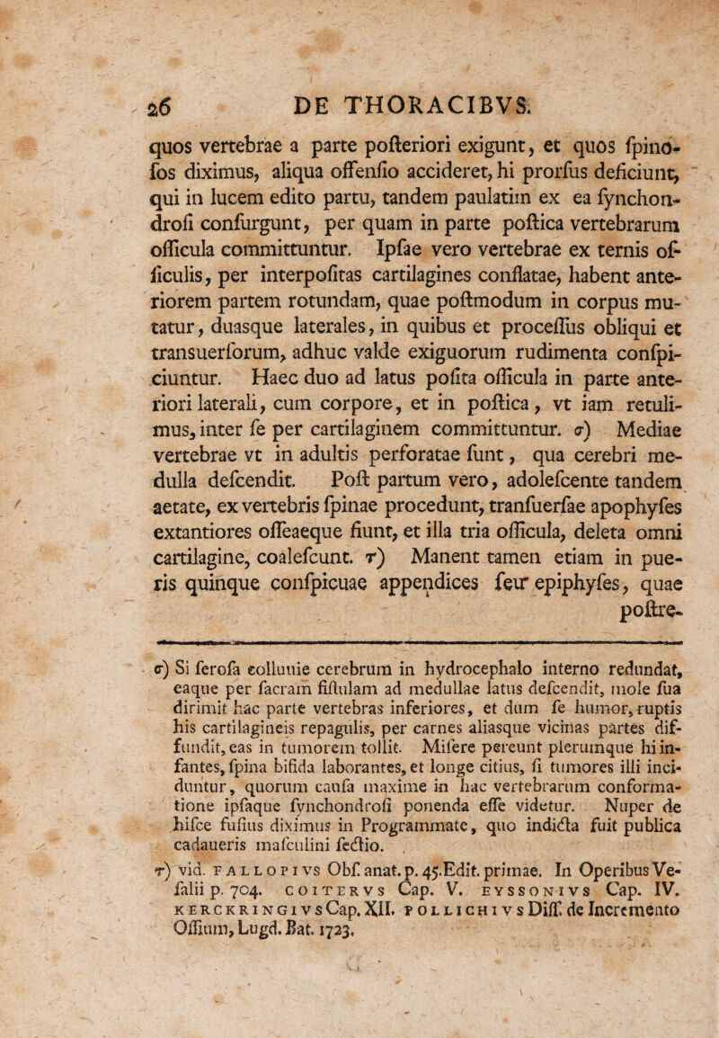 quos vertebrae a parte pofteriori exigunt, et quos fpino- fos diximus, aliqua offenfio accideret, hi prorfus deficiunt, qui in lucem edito partu, tandem paulatim ex ea fynchon- drofi confurgunt, per quam in parte poftica vertebrarum oflicula committuntur. Ipfae vero vertebrae ex ternis of- ficulis, per interpofitas cartilagines conflatae, habent ante¬ riorem partem rotundam, quae poftmodum in corpus mu¬ tatur, duasque laterales, in quibus et proceflus obliqui et transuerforum, adhuc valde exiguorum rudimenta confpi- ciuntur. Haec duo ad latus polita oflicula in parte ante¬ riori laterali, cum corpore, et in poftica, vt iam retuli¬ mus, inter fe per cartilaginem committuntur. <7) Mediae vertebrae vt in adultis perforatae funt, qua cerebri me¬ dulla defcendit. Poft partum vero, adolefcente tandem aetate, ex vertebris Ipinae procedunt, tranfuerfae apophyfes extantiores ofleaeque fiunt, et illa tria oflicula, deleta omni cartilagine, coalefcunt. r) Manent tamen etiam in pue¬ ris quinque confpicuae appendices fetr epiphyfes, quae - polire. cr) Si ferofa eolluuie cerebrum in hydrocephalo interno redundat, eaque per facram fiftulam ad medullae latus defcendit, mole fua dirimit hac parte vertebras inferiores, et dum fe humor, ruptis his cartilagineis repagulis, per carnes aliasque vicinas partes dif¬ fundit, eas in tumorem tollit. Mifere pereunt plerumque hi in¬ fantes, fpina bifida laborantes, et longe citius, fl tumores illi inci¬ duntur, quorum caufa maxime in hac vertebrarum conforma¬ tione ipfaque fynchondrofi ponenda effe videtur. Nuper de hifce fufius diximus in Programmate, quo indidla fuit publica cadaueris mafculini fedlio. t) vid. f a l l o p i vs Obf anat. p. 45.Edit. primae. In Operibus Ve- falii p. 704. coitervs Gap, V. eyssonivs Cap. IV. kerckringivs Cap. XII* fOLticHivs Diff de Incremento Offitun, Lugd. flat, 1723,