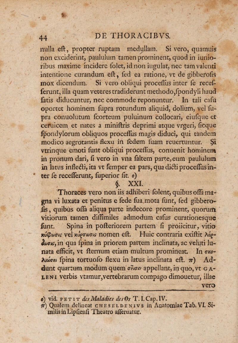 nulla eft, propter ruptam medullam. Sivero, quamuis non exciderint, paululum tamen prominent, quod in iunio- ribus maxime incidere folet, id non iugulat, nec tam valenti intentione curandum eft, fed ea ratione, vt de gibherofis mox dicendum. Si vero obliqui proceflus inter fe recef ferunt, illa quam veteres tradiderunt methodo,fpondyli haud fatis diducuntur, nec commode reponuntur. In tali cafu oportet hominem liipra rotundum aliquid, dolium, vel fu- pra conuolutum fcorteum puluinum collocari, eiufque et ceruicem et nates a miniftris deprimi atque vrgeri, ficque Ipondylorum obliquos proceflus magis diduci, qui tandem modico aegrotantis flexu in fedem luam reuertuntur. vtrinque emoti linit obliqui proceflus, conuenit hominem in pronum dari, fi vero in vna faltem parte, eum paululum in latus inflecti, ita vt Femper ea pars, qua di&i proceflus in¬ ter fe recefferunt, fuperior fit. o) $> XXL Thoraces vero non iis adhiberi fblent, quibus offa ma¬ gna vi luxata et penitus e fede fiia mota fiant, fed gibbero- fis, quibus offa aliqua parte indecore prominent, quorum vitiorum tamen diffimiles admodum cafus curationesque fiint. Spina in pofteriorem partem fi proficitur, vitio KvCpoocnz vel KvqTvvis nomen eft. Huic contraria exiftit &>w,in qua fpina in priorem partem inclinata, ac veluti lu¬ nata efficit, vt fternum etiam multum promineat. In aco- A/«er« fpina tortuofo flexu in latus inclinata eft. 7s) Ad¬ dunt quartum modum quem oeiav appellant, in quo, vt g a- z* *eni verbis vtamur,vertebrarum compago dimouetur, illae vero e) vid. p et it des Maladies des Os T. I. Cap. IV. *r) Qualem delineat cheseldenivs in AnatomiaeTab. VI. Si* milis in Liplienfi Theatro afleruatur.