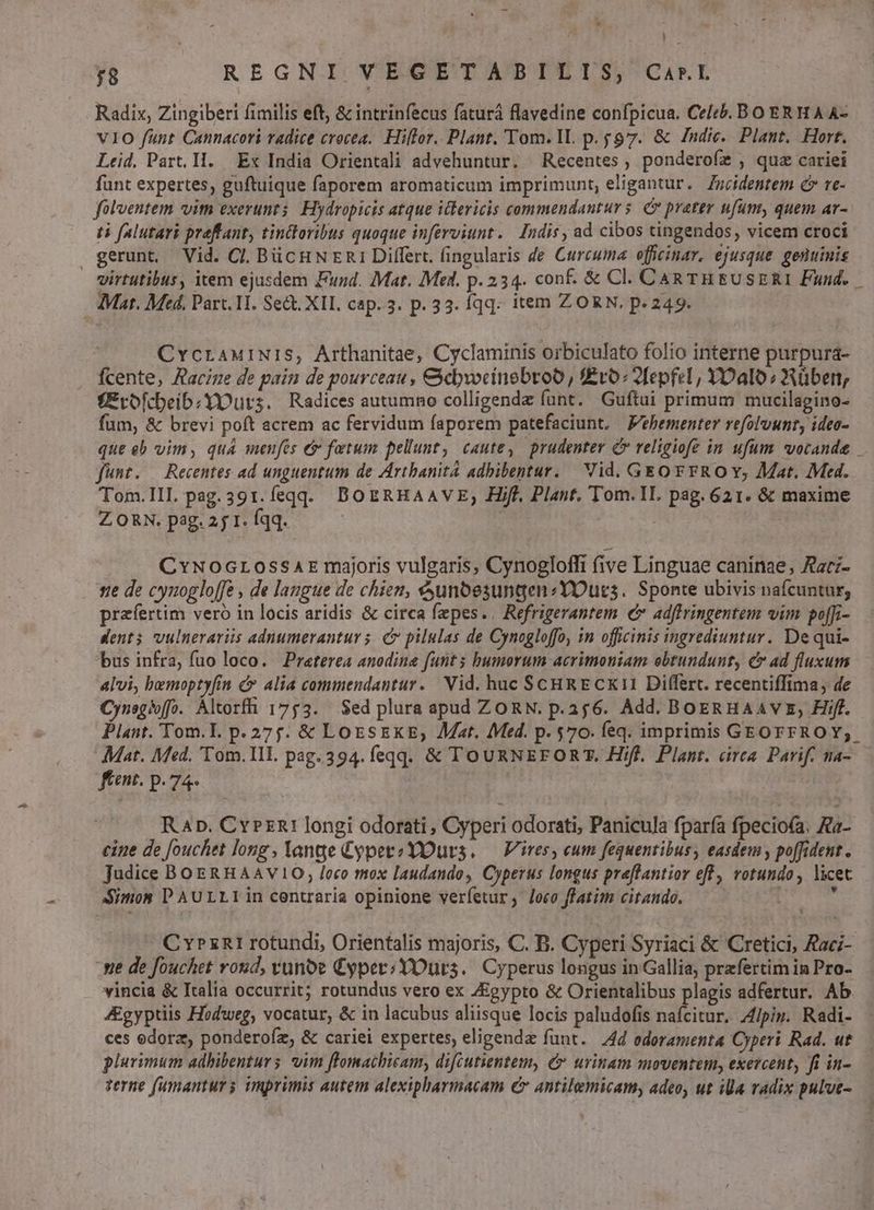 78 REGNI VEGETABILIS, Carl Radix, Zingiberi fimilis eft, & intrinfecus faturá flavedine confpicua. Celcb. BO ERH A A- VIO funt Cannacori radice crocea.. Hillor.. Plant. 'Tom. 1l. p. po7. & Zndic. Plant. Hort. Leid. Part.Il. Ex India Orientali advehuntur. —Recentes, ponderoíe , quz cariei funt expertes, guftuique faporem aromaticum imprimunt, eligantur. Zmcidentem € re- folventem vitm exerunts Hydropicis atque itlericis commendantur s. C preter ufum, quem ar- ti [alutari praftlant, tincloribus quoque inferviunt. Indis, ad cibos tingendos, vicem croci gerunt Vid. Cl. BücHNER1 Differt. fingularis de Curcuma efficinar, ejusque. genuinis virtutibus, item ejusdem Fund. Mat. Med. p.234. conf. & Cl. Can TH&USERI Fund. — Mar. Med, Part. Il. Sect. XII. cap..3. p. 33. íqq- item ZORN. p. 249. CrvcrauiNiIS, Arthanitae, Cyclaminis orbiculato folio interne purpura- fÍcente, Racine de pain de pourceau , &cbvocinebroo , f£ro:2fepfel, YOalo ; über, fErofcbeib. YD urs. Radices autumno colligendz funt. Guftui primum mucilagino- fum, & brevi poft acrem ac fervidum faporem patefaciunt, Fehementer refoluunt, ideo- que eb vim, quà menfes e fatum pellunt, caute, prudenter Cv religiofe in ufum votande funt. — Recentes ad unguentum de Artbanitá adhibentur. | Vid. GEOFFRO Y, Mat. Med. Tom.III. pag.391.feqqd. BoERHAAVE,; Hifl, Plant. Tom.1L. pag. 621. & maxime ZORN. pag. 25 I. Íqq. | CvNocLossaz majoris vulgaris, Cynogloffi five Linguae caninae, Aacz- ne de cynogloffe , de langue de chien, &untesungen:YO urs. Sponte ubivis nafcuntur, przíertim vero in locis aridis & circa fepes.. Refrigerantem c adftringentem vim po[fi- dent; vulneraviis adnumerantur s. C pilulas de Cynogloffo, in officinis ingrediuntur. De qui- bus infra, fuo loco. Praeterea anodine funt; bumorum acrimoniam obtundunt, c ad fluxum alvi, bemoptyfin c alia commendantur. Vid. huc SCHRECKI11 Differt. recentiffima, de Cynsghffo. Altorfh 1753. Sed plura apud ZORN. p.256. Add. BoeRHAAVE, Hiff. Plant. 'Tom.L p. 27;. & LoESEKE, AMat. Med. p. $70. íeq. imprimis GEOFFROY;. Mat. Med. 'Tom. Ill. pag. 394. feqq. & TOURNEFORT. Hifl. Plant. cirea Parif. ma- fient. p.74. | | Rp. CvPzn: longi odorati , Cyperi odorati, Panicula fparía fpecio(a. Aa- cine de fouchet long, lange Cypet?Yurs, — Vires, cum fequentibus, easdem , po[fident. Judice BoERHAAV10; eco mox laudando, Cyperus longus preflantior eff, rotundo, licet Simon PAULLIin centraria opinione veretur, loco flatim citando. : C yrzn1 rotundi, Orientalis majoris, C. B. Cyperi Syriaci & Cretici, Zaci- ne de fouchet roud, vunoe Cyper;YOuts. Cyperus longus in Gallia; przfertim in Pro- vincia & Italia occurrit; rotundus vero ex Zigypto & Orientalibus plagis adfertur. Ab Agyptiis Hodweg, vocatur, & in lacubus aliisque locis paludofis nafcitur. Apis. Radi- ces odora, ponderofz, & cariei expertes, eligendz funt. 4d edoramenta Cyperi Rad. ut plurimum adhibentur; vim flomaihicam, difcutientem, & urinam moventem, exercent, fi in- Terne fumanturs imprimis autem alexipharmacam €x antilemicam, adeo, ut illa radix puluc-