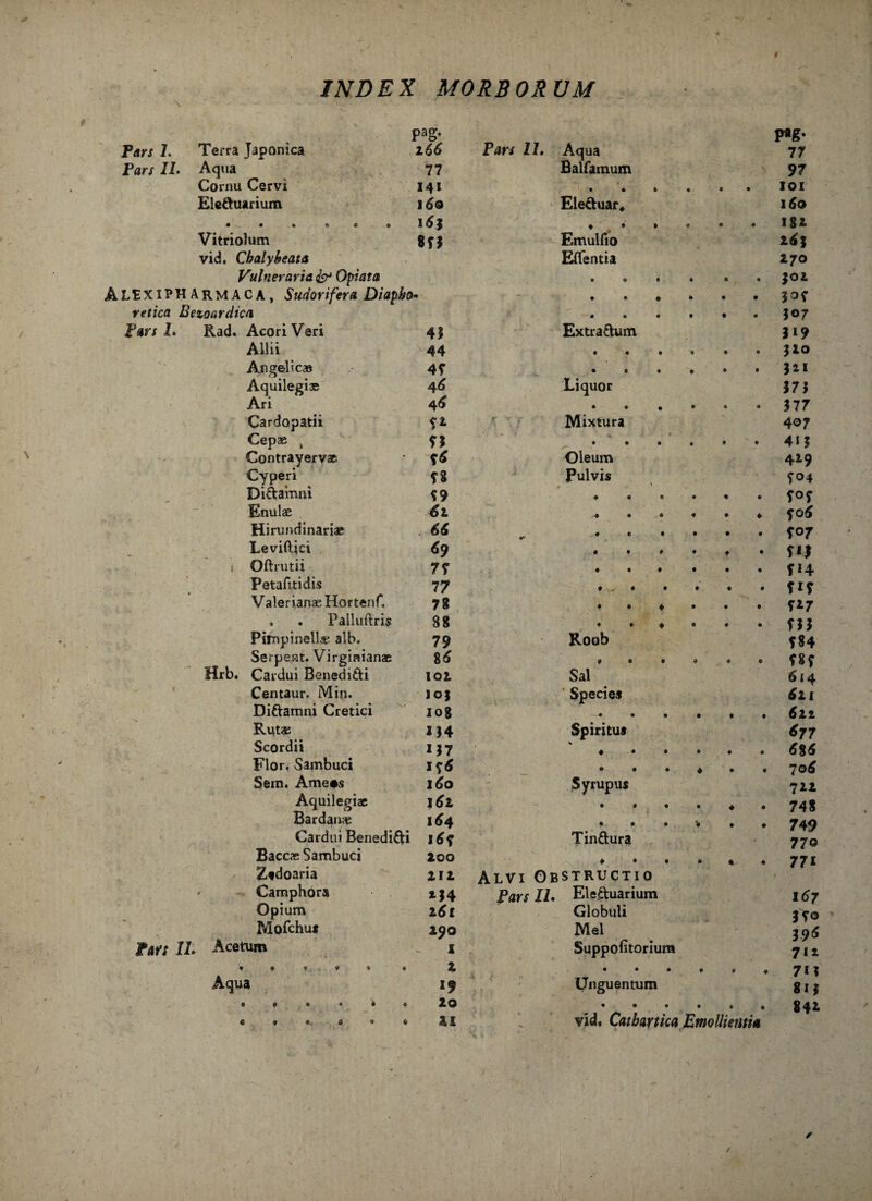 \ pag. Pars I. Terra Japonica 166 Pari 11. Aqua 77 Pars II. Aqua 77 Balfamum 97 Cornu Cervi 141 • « » • c • IOI Ele&uarium 160 Ele&uar, 160 • • « « o • \6} ♦ • » • • ♦ 182 Vitriolum 893 Emulfio 2*J vid. Chalybeata EiTentia 270 Vulneraria & Opiata • • • • 0 ♦ $02 ALEXIPHARMACA, Sudorifera Diapho 1« • • 339 retica Bezoardica • • « • 9 9 507 Pars L Rad. Acori Veri 4$ Extra&um 319 Allii 44 • t • • 9 • $20 Angelicas 49 • • • ♦ 9 9 $21 Aquilegi* 46 Liquor 373 Ari 46 • • • • 9 9 377 Cardopatii 9* Mixtura 407 Cepae k n * * • • • ♦ 9 9 413 Contrayerv* 9* Oleum 419 Cyperi 98 Pulvis 904 Di&amni 99 t K , • • * • 9 9 909 Enulae *2 9 4 fo * Hirundinari* 66 • • # # 9 9 907 Leviftjci 69 • • t • t • 9*1 i Oftrutii 79 • • • • • • 9*4 Petafitidis 77 9 9 • • • • 9*9 Valerianae HortenC 78 • • ♦ • • • 927 . . Palluftris 88 • • ♦ • 9 9 933 Pimpinell* alb. 79 Roob 984 Serpent. Virginian* 8* 9 9 9 9 r 9 9 989 Hrb. Cardui Benedi&i 101 Sal 614 Centaur. Min. 10| Species 611 Diftamni Cretici 108 —• • • • 9 9 6iz Rutae m Spiritus 677 Scordii M7 « • • • 9 9 6%6 Flor. Sambuci 19* , • • • ♦ 9 9 70* Sem. Ameis 1*0 Syrupus 722 Aquilegi* ] 61 • • • • ♦ • 748 Bardan* 164 • # • *• • • 749 Cardui Beneditti 169 Tinftura 770 Bacc* Sambuci 200 ¥ • • • t 4 771 Ztdoaria 212 Alvi Obstructio - Camphora *34 Pars II. Eleftuarium 1*7 Opium 161 Globuli 39© Mofchus 190 Mei $9* t»tt II. Acetum 1 Suppofitorium 712 2 • • • • • * 7H Aqua i? Unguentum 8*3 20 • • • • • • 842 vid. Catbartica Emollienti* w a