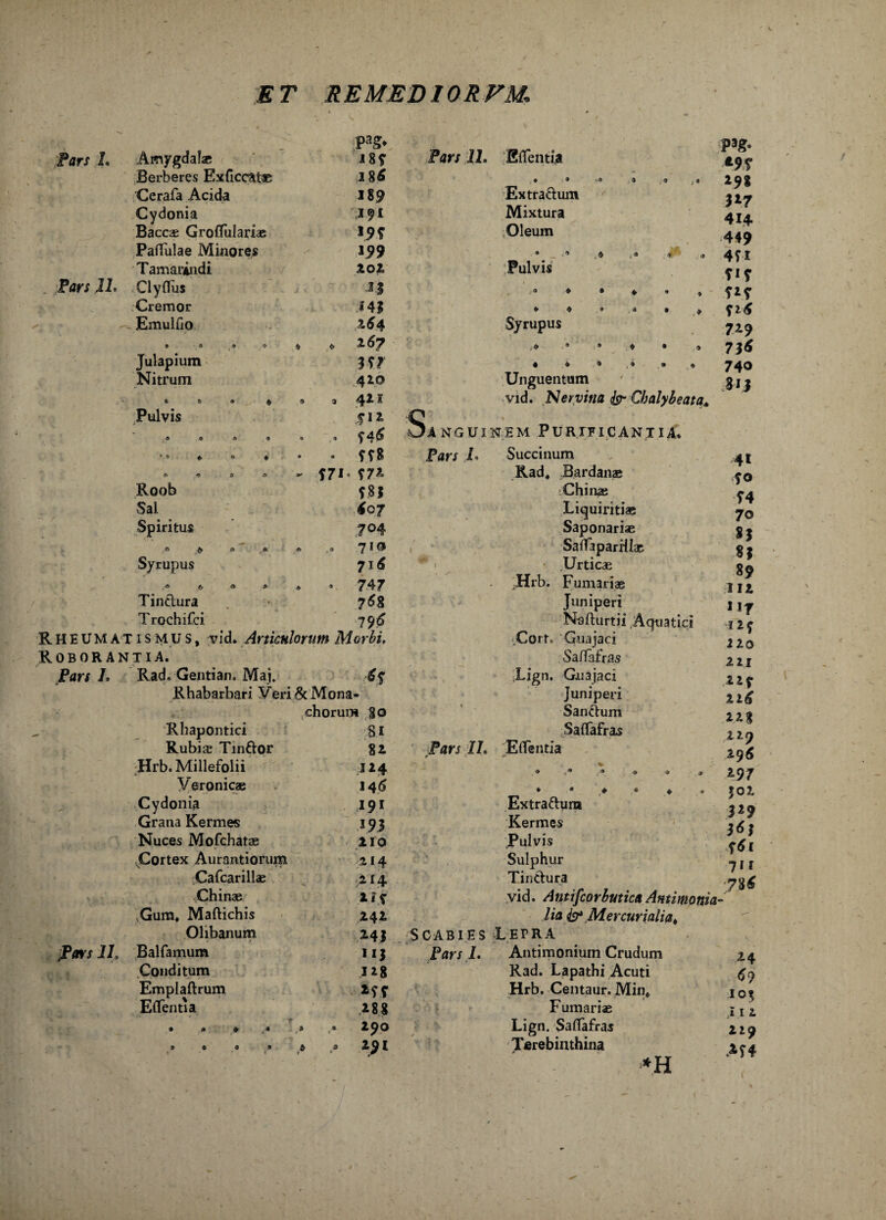 Pars L Amygdal* Berberes Exficcatts Cerafa Acida Cydonia Baccae Groflfulariae Pallulae Minores Tamaiindi Pars JL Clyflus Cremor Emulfio « a 9 -> Julapium Nitrum * e 9 6 Pulvis O 9 8 9 * ® ♦ o * 9 « 9 8 Roob Sai Spiritus Syrupus ^ $ O 9 Tinctura Trochifci Pag* 18£ 186 189 191 *9f J99 zoi JJ *4$ 2$4 * * 26? 39? 420 » , 421 $ 12 » « y 45 • • f f 8 - 471’ ?72 5.8$ 4c7 704 Par/ 27. Edentia pag. Extra&um Mixtura Oleum • _ •» ,♦ ,• . a Pulvis Syrupus s O A 8 9 \ Q 716 ® » * 9 747 19$ RHEUMATIS m u s , vid. Articulorum Morbi, Roborantia. P«rx J. Rad. Gentian. Maj. Rhabarbari Veri&Mona- Unguentum vid. Nervina fa- Cbalybeata* A ' > • « ' ” angui nem Purificantia. Pars L Succinum Rad, Bardan* jChinae Liquiritias Saponariae Saifaparillas .Urticae - ,Hrb. Furnariae Juniperi Nafturtii Aquatici .Cort. Guajaci SalTafras Lign. Gn3jaci Juniperi pars 1L chorum 80 Sanctum Rhapontici SI Sadafras Rubiae Tinftor 82 Pars IL E (Tenti a Hrb. Millefolii 124 * « ,« » ® « Veronicae 145 Cydonia 191 Extra&un» Grana Kermes 193 Kermes Nuces Mofchatae 210 Pulvis Cortex Aurantiorum 214 Sulphur Cafcar illae ,214 Tinctura Chinae 2 If vid. Amtfcorbutica Anti Gum. Maftichis 242 lia & Mercurialia, Olibanum 241 Scabies Letra Balfamum HI Pars i. Antimonium Crudum Conditum 128 Rad. Lapathi Acuti Emplaftrum +99 Hrb. Centaur. Min* Eflfentia .288 Furnariae 298 n? 414 449 4H 919 5*5 i 16 7+9 73* 740 8ij 41 40 54 70 8} «I 89 112 «>f 129 210 1 21 22 f 22(5 22g 229 296 297 |02 329 3*3 f5i ?ir 785 9 0 9 > 0 $ Lign. Saflafras Terebinthina *H 14 57 108 11 2 229 M4
