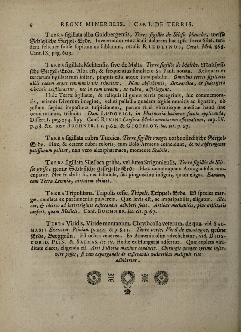 t 6 REGNI MINERBLIS. Cap.I. DE TERRIS. Terra figillata alba Goldbergenfis, Terre figillee de Silefie blanche, tttttfie ©djlefifcbc (Etbe. Inveteratum rencriculi dolorem hac ipfa Terra Silef. tan¬ dem Feliciter fuilie fopitum ac fubiatum., retulit Riedlinus, Curat, Med. 868* Cent. IX pag. 603. Terra figillata Melitenfis, five de Malta. Terrefigillee de Malthe, tnaltbefl* febe 0t£ gei i fSx ba* Alba eft, &; frequentius fimulac.o St. Pauli notata. Reliquarum terrarum figillatarum inftar, pinguis efto atque inpslpabilis. Omnibus terris figillatis albis eadem atque communis vis tribuitur. Nam abfirbentis^ Bez.oardicay & fodorifera virtutis exiftimantur, nec in eum modum, ut rubra, adjlringunt. Huic Terne figillata, <5c reliquis id genus terris peregrinis, hic commemora¬ tis, etiamfi Divorum imagine, veluti paliadia quadam aegide munitis ac lignatis, ob juftam faepius impoftura: fufpicionem, parum fi ei virtutisque medicae haud fine omni ratione, tribuit: Dan. Ludovici, in Pharmacia hodierno foculo applicanda> DilTert.I. pag.2f4. fqq. Conf. Rivini Cenfura Medicamentorum officinalium, cap. IV. p.£,8. &c. item Buchner. /. c. p.62. & G eoferoy, loc, cit. p. 67. Terra figillata rubra Turcica, Terre figllee rouge, tot\)t thtdi^d)t SiegeU fiEfbe. Haec, 8c cetera: rubri coloris, cum Bolo Armena coincidunt, 8c vi adftringentt potijjimum pollent, non vero alexipharmaca, momente St ah lio. Terra figillata Silefiaca grifea, vel lutea Strigonienfis» Terre figtUee de Sile- fit grifey gtmie 0cblefifd?e grftcgHre ti£tbe. Haec nonnunquam Axungia folis nun¬ cupatur. Nec friabilis fit, nec fabulofa, fed pinguedine infignis, quam eligas. Eandem, cum Terra Lemnia, virtutem obtinet. T erraTripolitana, Tripolis offic. Tripoli, CrtppeD (Etrbe* Efi fpecies mar¬ gae, conflata ex portiunculis pulvereis. Qua: levis efl, ac impalpabilis, eligatur. Sic- cat, & idcirco ad intertrigines exfucandas adhiberi folet. Artibus mechanicis, plus utilitatis confert, quam Medicis, Conf. Buchner. loc. cit. p. 67. Terra Viridis, Viride montanum, Chryfocolla veterum, de qua, vid. S al¬ ma S11 Exercitat. Plinian. p. 244. & p. 81 r • Terre verte, Terd de montagne, grune (Etrbe/ S^tggcun. Eft ochra venerea. Ex Armenia olim advehebatur, vid. Dios- CORiD. PliN. 8c S almas, loc.cit. Hodie exHungaria adfertur. Quae expleta viri¬ ditate claret, eligenda eft. Arti Pittoria maxime conducit. Chirurgis quoque optime infer- vire pojfety fi eam expurgandis & exficcandis vulneribus malignis rite adhiberent.