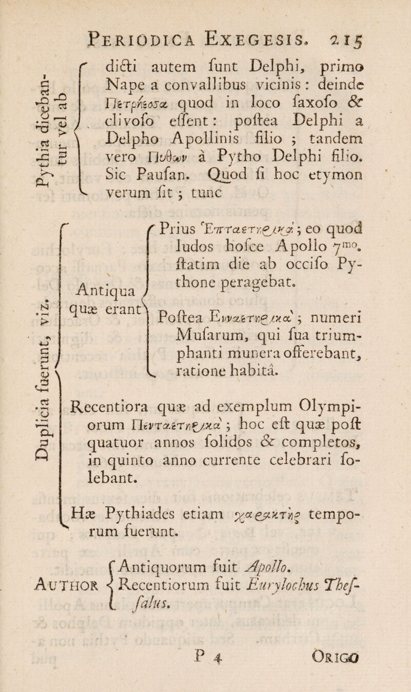 I a 8, -3 £ ^ FJ Ph Periodica Exegesis, a15 difti autem funt Delphi, primo Nape a convallibus yicinis : deindc UtrpfeosGt. quod in loco faxofo & clivofo effent: poftea Delphi a Delpho Apollinis filio ; tandem vero ri'jQ&v a Pytho Delphi filio. Sic Paufan. Quod ii hoc etymon verum fit ; tunc r r N * > a . P \ *2 a • < • »—■H Oh P ft Antiqua quse erant \ Prius 'ETrrcteTvg/rjx; eo quod ludos holce Apollo 7mo. ftatim die ab occifo Py- thone peragebat. / Poftea EvvtzerKg/xoi ; numeri Mufarum, qui iua trium- phanti munera offerebant, ratione habita. Recentiora quae ad exemplum Qlympi- orum nevTaeT/ig/xat ; hoc eft quse poft quatuor annos folidos & completos, in quinto anno currente celebrari fo- lebant. Hx Pythiades etiam ypepHTn* tempo- rum fuerunt. f Antiquorum fuit Apollo. AUTHOR < Recentiorum fuit Eurylochus Thef- [ fains. P 4 Oriqq