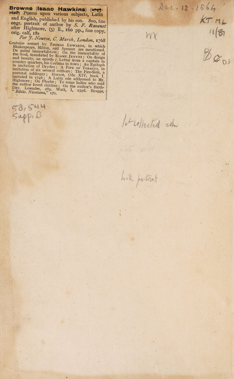 Browne (Isaac Hawkins) Poems upon various subjects, Latin and English published by his son. 8vo, hue a?tfr Chait °f * * R^t oriS o^r (5) U” ,6° PP- copy. For J. Nourse, C. Marsh, London, 1768 Contains sonnet by Thomas Edwards in ,„1,1,1, B=aaSfr&““faf;t“d SpenserARaS’m'entSS the Soul trSSS2l kg’ ° Tthe lmm°rtality of and beauty, an ep sde ] 0n desiSn country quarter, Gr ’• Letter/rom a captain in in VP7nJ rAn Epita?h “Biblio. Nicotiana,” i7lW U’ If l59± BraSSe, JH .8 ■ l t IZ % / & ^ F't kr- n t / 4 N i K*