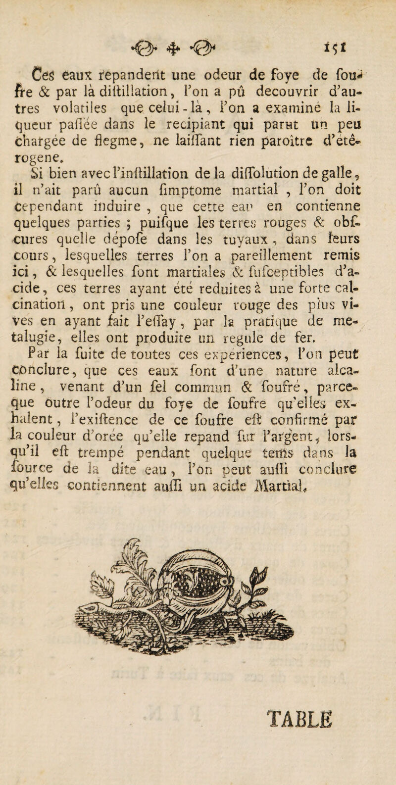 Ces eaux répandent une odeur de foye de fou-* fre & par là diltillation, Ton a pû découvrir d’au¬ tres volatiles que celui-là, l’on a examiné la li¬ queur paflee dans le recipiant qui parut un peu Chargée de flegme, ne lai liant rien paroitre d’étê- rogene. Si bien avecl’inflillation delà diflolution de galle, il n’ait paru aucun fimptome martial , l’on doit cependant induire , que cette eau en contienne quelques parties ; puifque les terres rouges & obf- cures quelle dépofe dans les tuyaux , dans leurs cours, lesquelles terres l’on a pareillement remis ici, & lesquelles font martiales & fufceptibles d’a¬ cide , ces terres ayant été réduites à une forte cal¬ cination , ont pris une couleur rouge des plus vi¬ ves en ayant fait l’elTay, par h pratique de me- talugie, elles ont produite un régulé de fer. Par la fuite de toutes ces expériences, l’on peut Conclure, que ces eaux font d’une nature alca¬ line , venant d’un fel commun & foufré, parce- que outre l’odeur du foye de foufre qu'elles ex¬ halent , i’exiftence de ce foufre eft confirmé par la couleur d’orée qu’elle répand fur l’argent, lors¬ qu’il efl: trempé pendant quelque tertls dans la four ce de la dite eau, l’on peut aulli conclure qu’elles contiennent aulli un acide Martial TABLE