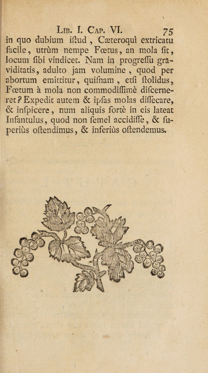 in quo dubium iilud , Ceeteroqui extricatu facile, utrum nempe Foetus, an mola fit, locum fibi vindicet. Nam in progrelTu gra¬ viditatis, adulto jam volumine , quod per ! abortum emittitur, quifnam , etfi ilolidus, ; Foetum a mola non commodiffime difcerne- ret.? Expedit autem & ipfas molas dilTecare, & infpicere, num aliquis forte in eis lateat Infantulus, quod non femel accidifle, & fu- perius ollendimus, & inferius oftendemus,-