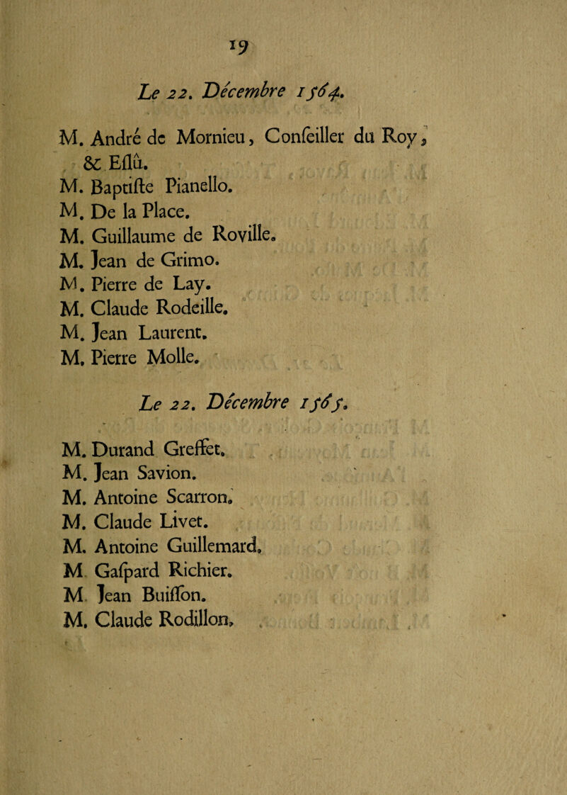 M. André de Mornieu, Confeiller du Roy &: Eflû. M. Baptifte Pianello. M. De la Place. M. Guillaume de Roville. M. ]ean de Grimo. M. Pierre de Lay. M. Claude Rodeille. M. Jean Laurent. M. Pierre Molle. Le 22. Décembre i$é *• -♦ # k „ M. Durand Greffer. M. Jean Savion. M. Antoine Scarron» M. Claude Livet. M. Antoine Guillemard. M Gafpard Richier. M Jean Buifïon. M. Claude Rodillon»