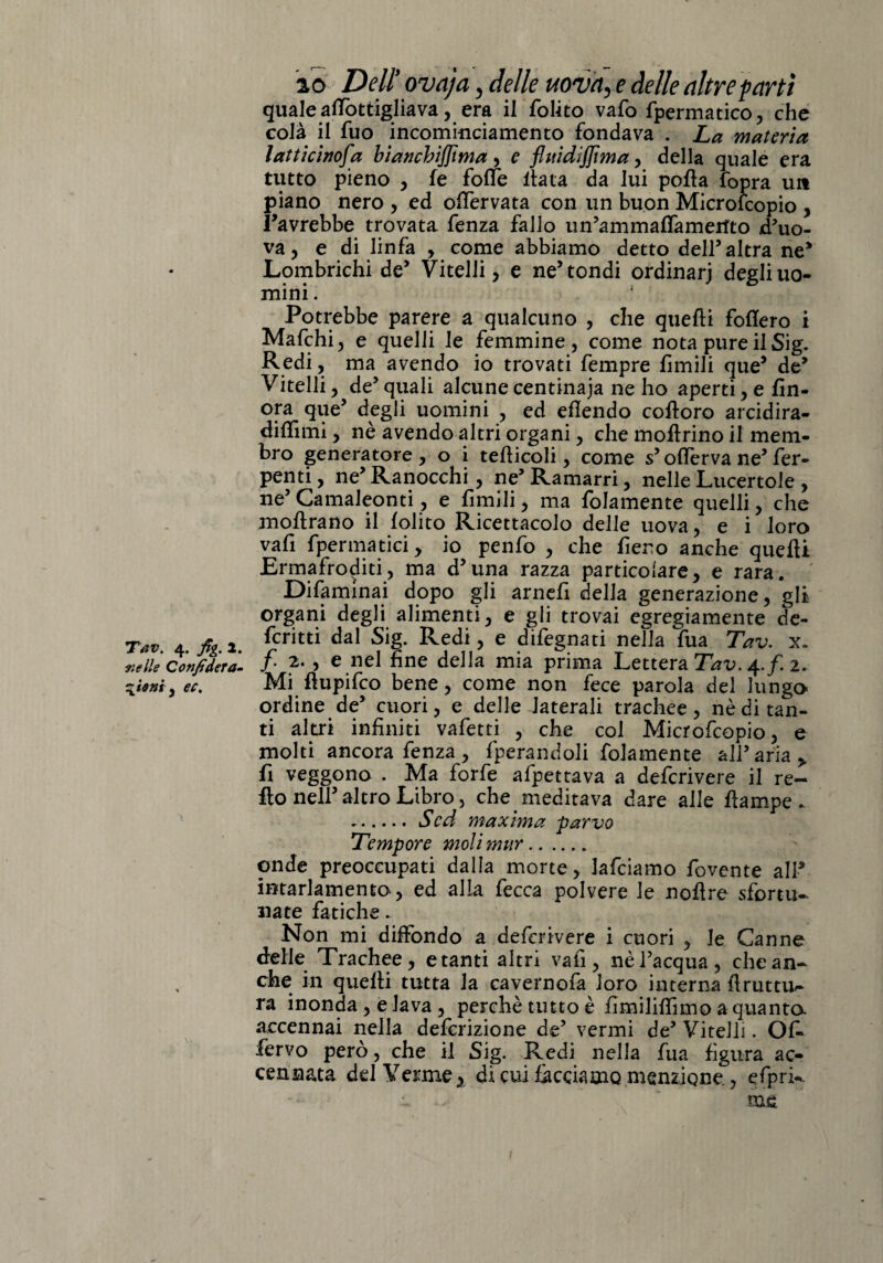 nelle Confiderà^ \ieni , ec. 20 Dell ovaja , r/e//e ? delle altre farti quale alfottigliava, era il folito vafo fpermatico, che colà il fuo incominciamento fondava . La materia latticinofa bianchijfima, e fluidiffima, della quale era tutto pieno , fe forfè Itala da lui polla fopra u» piano nero , ed olfervata con un buon Microfcopio , Favrebbe trovata fenza fallo un’ammaflamertto d’uo- va, e di linfa , come abbiamo detto dell5 altra ne* Lombrichi de5 Vitelli, e ne5 tondi ordinar] degli uo¬ mini . 1 Potrebbe parere a qualcuno , che quelli follerò i Mafchi, e quelli le femmine, come nota pure il Sig. Redi, ma avendo io trovati fempre limili que5 de5 Vitelli, de5quali alcunecentinaja ne ho aperti, e fin¬ ora que5 degli uomini , ed eflendo colloro arcidira- dilfimi, nè avendo altri organi, che inoltrino il mem¬ bro generatore, o i tellicoli, come s5 offerva ne5 fer- penti, ne5 Ranocchi, ne5 Ramarri, nelle Lucertole , ne5 Camaleonti, e limili, ma fidamente quelli, che inoltrano il lolito Ricettacolo delle uova, e i loro vafi fpermatici, io penfo , che fiero anche quelli Ermafroditi, ma d5una razza particolare, e rara. Difaminai dopo gli arnefi della generazione, gli organi degli alimenti, e gli trovai egregiamente de- ficritti dal Sig. Redi, e difegnati nella fua Tav. x. f- 2. , e nel fine della mia prima Lettera Tav. 4./. 2. Mi flupifco bene, come non fece parola del lungo ordine de5 cuori, e delle laterali trachee, nè di tan¬ ti altri infiniti vafetti , che col Microfcopio, e molti ancora fenza, Iterandoli fidamente all5 aria > fi veggono . Ma forfè afpettava a defcrivere il re- flo nell5 altro Libro, che meditava dare alle fiampe . .Scd maxima parvo Tempore molimur. onde preoccupati dalla morte, lafciamo fovente all3 intarlamento, ed alla fecca polvere le noflre sfortu¬ nate fatiche. Non mi diffondo a defcrivere i cuori , le Canne delle Trachee, e tanti altri vafi, nè l’acqua, che an¬ che in quelli tutta la cavernofa loro interna 11 rutte¬ rà inonda, e lava , perchè tutto è fimililfimo a quanta accennai nella defcrizione de5 vermi de5 Vitelli. Ol- fervo però, che il Sig. Redi nella fua figura ac¬ cennata dd Verme, di cui facciamo menzione,, efprk 1 - me 1