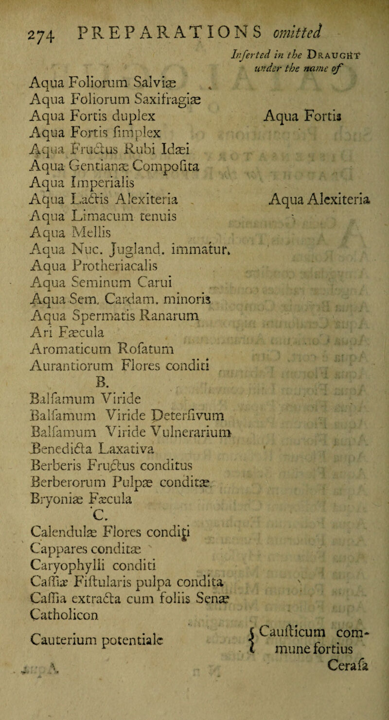 Inferted in the Draught under the name of Aqua Foliorum Sal vis Aqua Foliorum Saxifragise Aqua Fortis duplex Aqua Fortis Aqua Fortis fimplex Aqua Frudus Rubi Id si Aqua Gentians Compofita Aqua Imperialis Aqua Ladis Alexiteria Aqua Alcxiteria Aqua Limacum tenuis Aqua Mellis Aqua Nuc. Jugland. immatur* Aqua Protheriacalis Aqua Seminum Carui Aqua Sem, Cardam. minoris Aqua Spermatis Ranarum Ari Fscula Aroma tic urn Rofatum Aiirantiorum Fiores conditi Balfamum Viride Baifamum Viride Deteriivum Balfamum Viride Vulnerarium Benedida Laxativa Berberis Frudus conditus Berberorum Pulps condits Bryoniae Fascula ‘C. Calendulas Flores condiji Cappares condits Caryophylli conditi Caflia’ Fiftularis pulpa condita Caffia extrada cum foliis Sens Catholiccn ' c Cauterium potential Caufticum com¬ mune fortius Cera fa