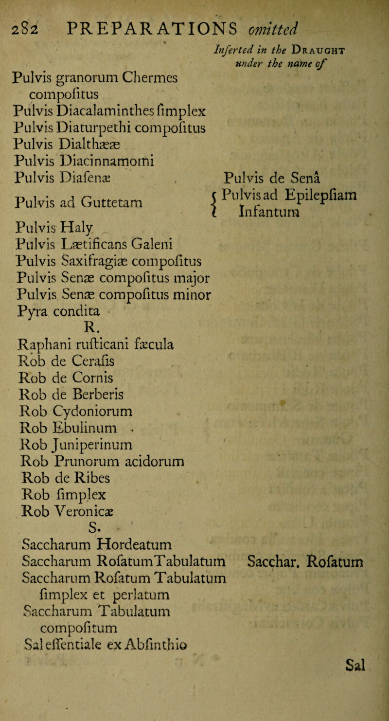 » » Infer ted in the Draught Pulvis granorum Chermes compofitus Puivis Diacalaminthes fimplex Pulvis Diaturpethi compofitus Pulvis Dialthasas Pulvis Diacinnamomi Pulvis Diafena? Pulvis ad Guttetam ■ Pulvis Haly Pulvis L?etificans Galeni Pulvis Saxifragise compofitus Puivis Senas compofitus major Pulvis Senas compofitus minor Pyra condita R. Raphani rufticani fecula Rob de Cerafis Rob de Corn is Rob de Berberis Rob Cydoniorum Rob Ebulinum . Rob Juniperinum Rob Prunorum acidorum Rob de Ribes Rob fimplex Rob Veronicas S. Saccharum Hordeatum Saccharum RofatumTabulatum Sacchar. Rofatum Saccharum Rofatum Tabulatum fimplex et perlatum Saccharum Tabulatum compofitum Saleffentiak exAbfmthio under the name of Pulvis de Sena Pulvis ad Epilepfiam Infantum Sal