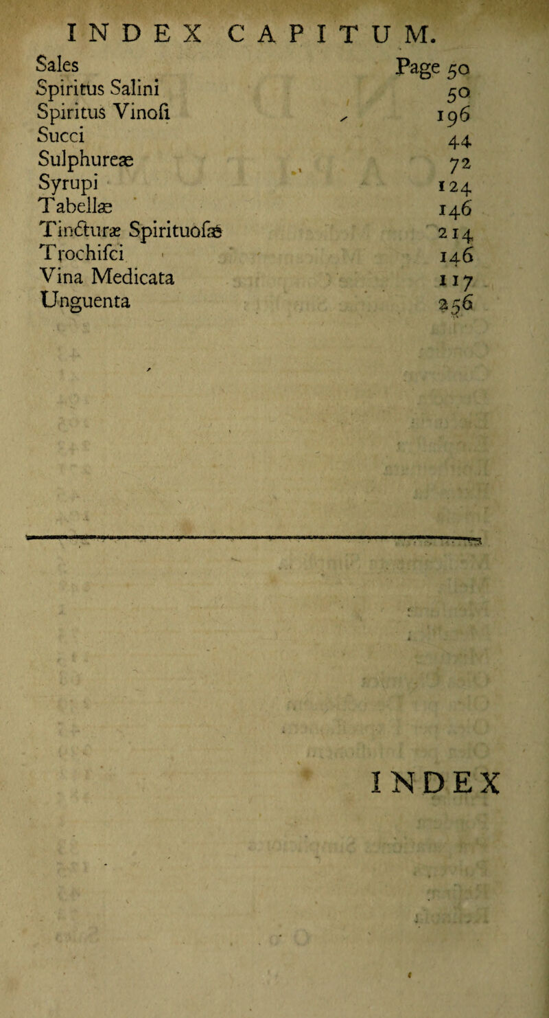 INDEX CAPITUM. Sales Page 5o Spiritus Salini 5° Spiritus Vinoft I96 Sued 44 Sulphurese 72 Syrupi 124 T abellse I46 Tinduras Spirituofo 214 Trochifei • ' I46 Vina Medicata 11? Unguenta