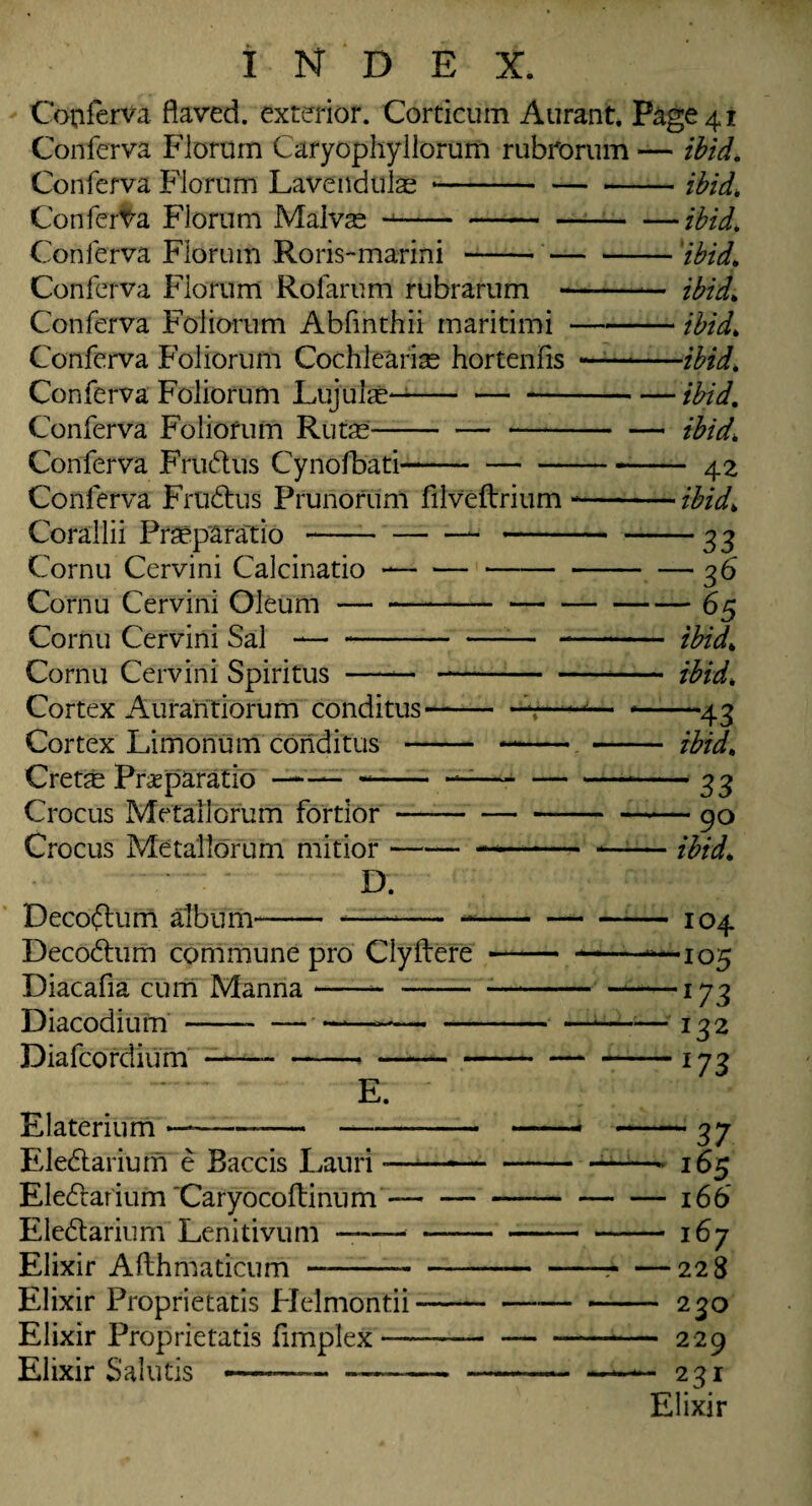 Conferva flaved. exterior. Corticum Aurant. Page 41 Conferva Flornm Caryophyllorum rubrorum — ibid. Conferva Fiorum Lave ndu las-ibid. Conferva Fiorum Malvas --ibid. Conferva Fiorum Roris-marini - ibid. Conferva Fiorum Rofarum rubrarum - ibid. Conferva Foliorum Abfinthii maritimi-ibid. Conferva Foliorum Cochlearias hortenfis —-ibid. Conferva Foliorum Lujulae-- ibid. Conferva Foliorum Rutas- ibid. Conferva Frudtus Cynofbati-42 Conferva Frudlus Prunorum filveftrium --ibid. Corallii Praeparatio- 33 Cornu Cervini Calcinatio-36 Cornu Cervini Oleum-65 Cornu Cervini Sal -- ibid. Cornu Cervini Spiritus -—-*- ibid. Cortex Aurantiorum conditus-.. ..43 Cortex Limonum coriditus - —- - ibid. Cretas Prasparatio —' — - —-33 Crocus Metailorum fortior-90 Crocus Metailorum mitior-—- —— ibid. D. Decoflu m album--— -104 Decodlum commune pro Clyftere - ^-105 Diacafia cum Manna-- - ----173 Diacodium -- —■—— -132 Diafcordium- 173 E Elaterium —-—-—- 37 Eleflarium e Baccis Lauri -——— -— 165 Eledlarium Caryocoflinum-166 Eledlarium Lenitivum ——-167 Elixir Afthmaticum —-- —228 Elixir Proprietatis Helmontii---230 Elixir Proprietatis fimplex---— 229 Elixir Salutis -------— 231 Elixir