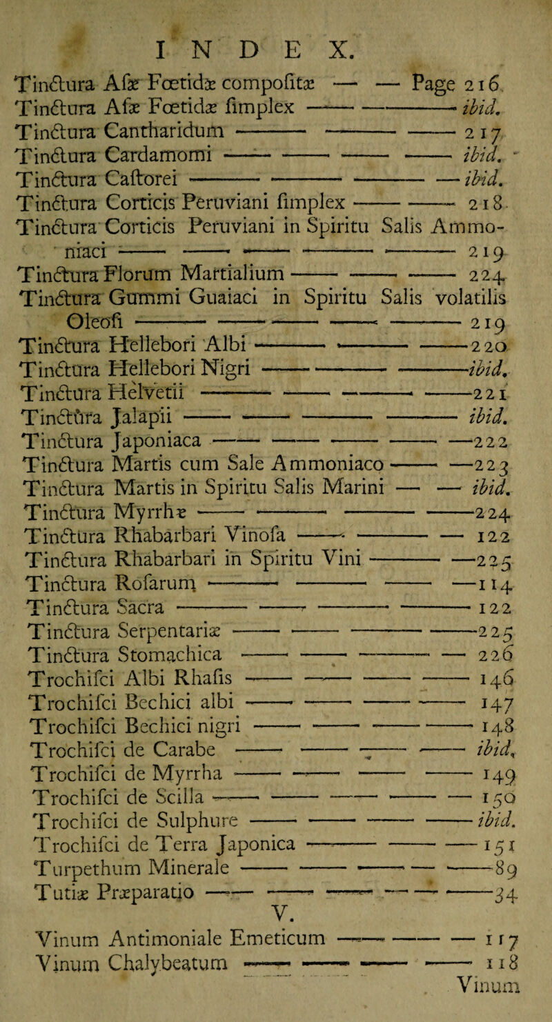 Tindtura Afe Foetid^ compofitgc — — Page 216 Tindtura Aiae Foetid^ fimplex —-- ibid. Tindtura Cantharidum - —-217 Tindtura Cardamomi-• - - ibid. w Tindtura Caftorei-ibid. Tindtura Corticis Peruviani fimplex-218 Tindtura Corticis Peruviani in Spiritu Sails Ammo¬ niac! ;- -- *- - *-— 219 Tindtura Florum Martialium-224, Tindtura Gum mi Guaiaci in Spiritu Salis volatilis Oleofi ---- —*-219 Tindtura H'ellebori Albi -- --220 Tindtura Hellebori Nigri--ibid. Tindtura Helved! —-* -2 21 Tindtiira Jalapii-- -- ibid. Tindtura Japoniaca-222 Tindtura Martis cum Sale Ammoniaco- —223 Tindtura Martis in Spiritu Salis Marini —• — ibid. Tindtura Myrrhs ---224 Tindtura Rhabarbari Vinofa ——•-122 Tindtura Rhabarbari in Spiritu Vini-225 Tindtura Rofarurn -- - - —114 Tindtura Sacra —-- -* -- 122 Tindtura Serpentarke - 225 Tindtura Stomachica -- -■ ——■— — 226 Trochifci Albi Rhafis —— —>—-- 146 Trochifci Bechici albi-•-- 147 Trochifci Bechici nigri - -- --148 Trochifci de Carabe ---7- —-ibid. Trochifci de Myrrha *-*- - - 149 Trochifci de ScilTa —— --* - — 150 Trochifci de Sulphnre---ibid. Trochifci de Terra Japonica —<-15 x Turpethum Minerale - 89 Tutiae Pneparatio —-— -- -—*--- --34 V. Vinum Antimoniale Emeticum —-— -1 r 7 V inurn Chalybeatum -—— --- -- 118 Vinum