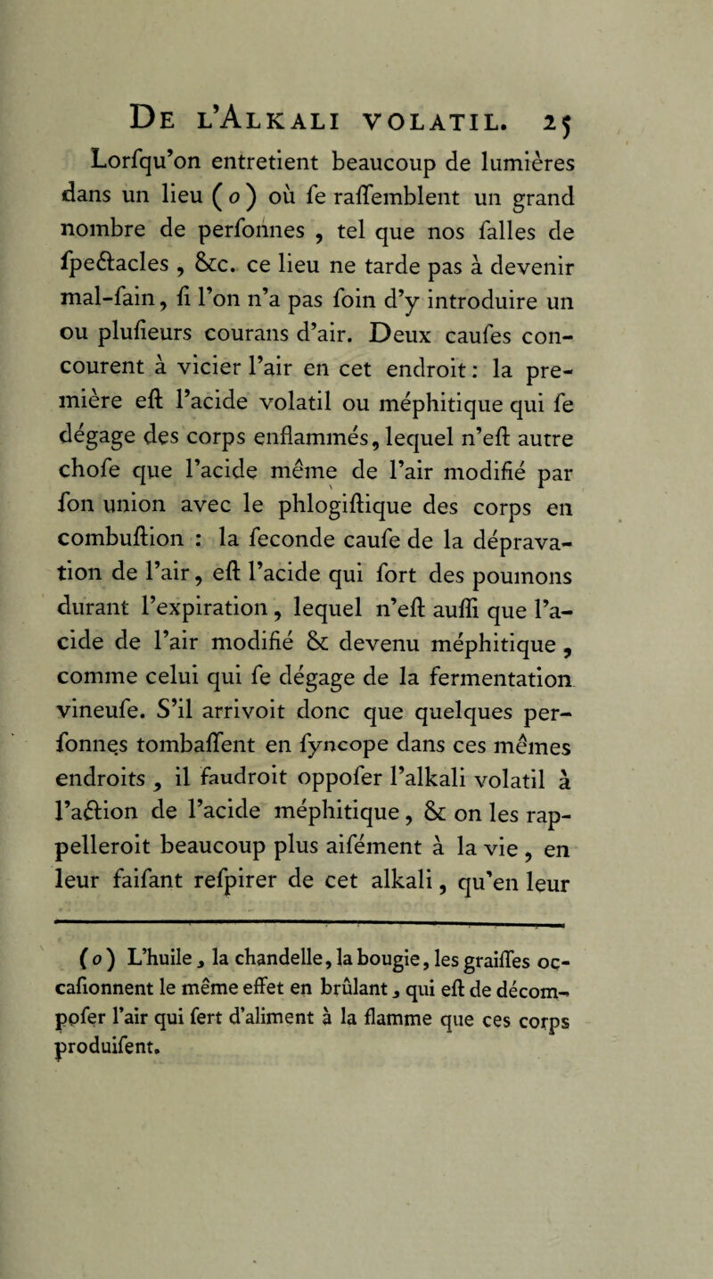 Lorfqu’on entretient beaucoup de lumières dans un lieu ( o ) où fe ralTemblent un grand nombre de perfonnes , tel que nos falles de fpeèlacles , ce lieu ne tarde pas à devenir mal-fain, fi l’on n’a pas foin d’y introduire un ou plufîeurs courans d’air. Deux caufes con¬ courent à vicier l’air en cet endroit : la pre¬ mière eft l’acide volatil ou méphitique qui fe dégage des corps enflammés, lequel n’efl: autre chofe que l’acide même de l’air modifié par fon union avec le phlogiftique des corps en combuflion : la fécondé caufe de la déprava¬ tion de l’air, efl: l’acide qui fort des poumons durant l’expiration , lequel n’efl: auffi que l’a¬ cide de l’air modifié Sc devenu méphitique , comme celui qui fe dégage de la fermentation vineufe. S’il arrivoit donc que quelques per¬ fonnes tombalfent en fyncope dans ces mêmes endroits , il faudroit oppofer l’alkali volatil à l’aêlion de l’acide méphitique, & on les rap- pelleroit beaucoup plus aifément à la vie , en leur faifant refpirer de cet alkali, qu’en leur (0) L’huile J la chandelle, la bougie, les graifles oç- cafionnent le même effet en brûlant j qui eft de décom- ppfer l’air qui fert d’aliment à la flamme que ces corps produifent.