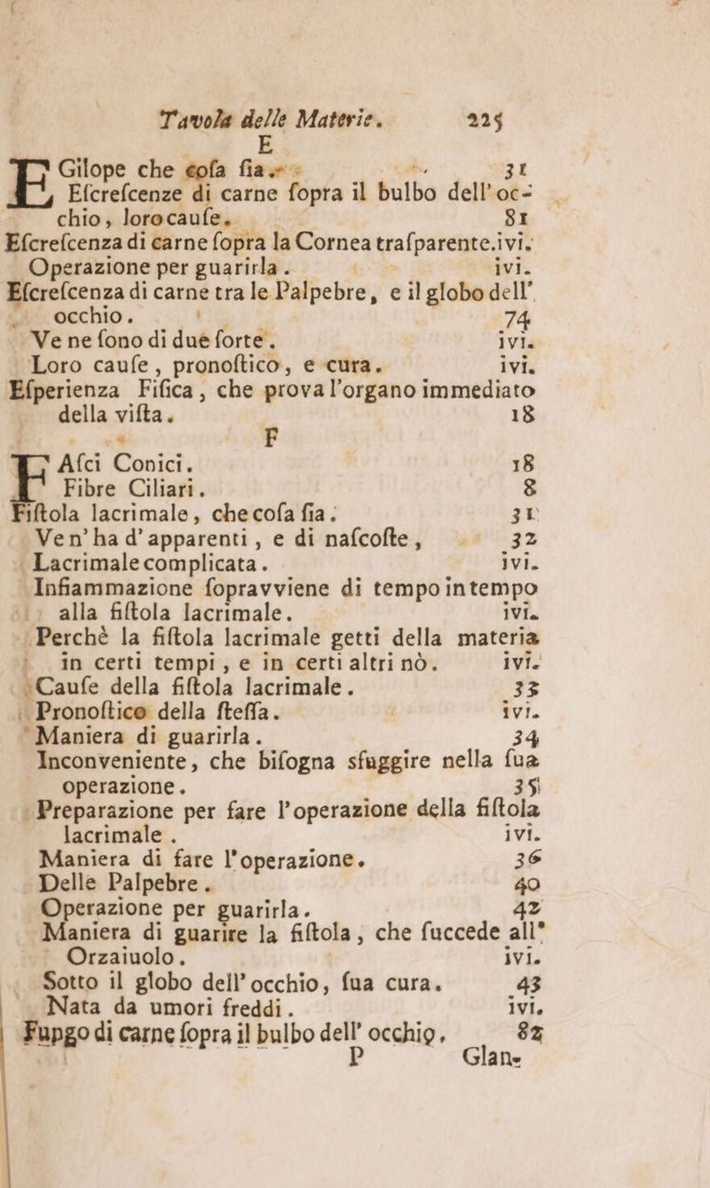E Gilope che « fa fia 3I Efcrefcenze di carne fopra il bulbo dell’oc- chio, lorocaufe. 8I Efcrefcenza di carne fopra la Cornea tra af parente.ivi. Operazione per guarirla . ivi. Efcrefcenza di carne tra le Difbebte, èfl globo dell” occhio. 74 Ve ne fono di da forte. ivi. Loro caufe, pronoftico, e cura. ivi. > tt Fifica , che prova l'organo immediato della > 4 > 18 Afci Doniat, 18 W Fibre Ciliari. 8 ftola lacrimale, che cofa fia. 3 Ven’ha d’apparenti, e di nafcolte, —. 32 . Lacrimale complicata . ivi. Infiammazione fopravviene di tempo intempo ... alla filtola lacrimale. Via Perchè la filtola lacrimale getti della materia 4 in certi tempi, e in certialtri nò. ivi. Caufe della filtola lacrimale. 3% . Pronoltice. della fteffa. ivi. * Maniera di guarirla. 34 Inconveniente, che bifogna sfuggire nella fua operazione. 35 | Preparazione per fare l'operazione della fiftola lacrimale . ivi. Maniera di fare l'operazione. 36 Delle Palpebre. 40 Operazione per guarirla. 42 Maniera di guarire la fiftola, che fuccede all” Orzaiuolo . ivi. i. Sotto il globo dell’occhio, fua cura. 43 . Nata da umori freddi. Ivi, Fupgo di carne fopra il bulbo dell’ occhio, 8% p Glane