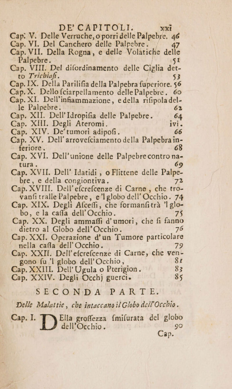 Cap. V. Delle Verruche, o porri delle Palpebie, w Cap. VI. Del Canchero delle Palpebre. / 47 Cap. VII. Della Rogna, e delle Volatiche delle Palpebre. (SI Cap. VIII. Del difordinamento delle Ciglia det- to Trichiafi. 53 Cap.IX. Della Parilifia della Palpebra fuperiore. 56 Cap.X. Dello fciarpellamento delle Palpebre. 60 Cap. XI. Dell’infiammazione, e della rifipola del- le Palpebre. 62 Cap. XII. Dell’Idropifia delie Palpebre. 64 Cap. XII. Degli Ateromi. ivi. Cap. XIV. De'tumori adipofi. 66 Cap. XV. Dell’arrovefciamento della Palpebra in- hriicia. 68 i. a Dell’unione delle Palpebre contro ai Cori SEVIL. Dell’ Idatidi, oFlittene delle Palpe bre, e della congiontiva. 72 Cap. XVIII. Dell’efcrefcenze di Carne , che tro- vanfitralle Palpebre, e’lglobo dell’ Occhio. 74 Cap. XIX. Degli Afcefi, che formanfitrà ’1 glo- bo, e la caffa dell’Occhio. 75 Cap. XX. Degli ammaffi d’ umori, che fi Gad dietro al Globo dell’Occhio. 76 Cap. XXI. Operazione d’un Tumore particolare — nella cafla dell’Occhio. 79 Cap. XXII. Dell’efcrefcenze di Carne, che ven- gono fu | globo dell’Occhio, SI Cap. XXIII. Dell’ Ugula o Pterigion. 83 Cap. XXIV. Degli Occhj guercie 85 5 EC OcN:D A'USPA-ROTIE. Delle Malattie, che intaccanoi! Globo dell'Occhio. Cap. I. Ella groffezza fmifurata del globo dell’Occhio. 99 Cap.