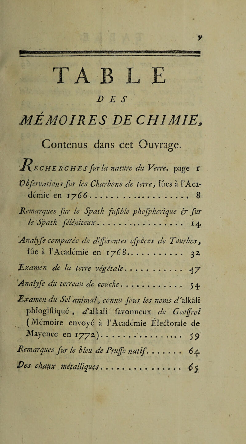 TA DES MÉMOIRES DE CHIMIE, Contenus dans cet Ouvrage. ec HE rc H E s fur la nature du Verre. page r Vbfervations fur les Charbons de terre, îûes à l’Aca¬ démie en iy66. 8 Remarques fur le Spath fufible phofphorique ir fur le Spath félénitcux. ig Analyfe comparée de différentes efpèces de Tourbes, lue à i’Académie en iy68. 32 Examen de la terre végétale. gy 'Analyfe du terreau de couche. 5 g Examen du Sel animal, connu fous les noms A'al k ali phlogiftiqué , <2alkali favonneux de Ceoffroi ( Mémoire envoyé à l’Académie Électorale de Mayence en lyyz').. 5 (y Remarques fur le bleu de Pruffe natif. 6 g Des chaux métalliques... 6}