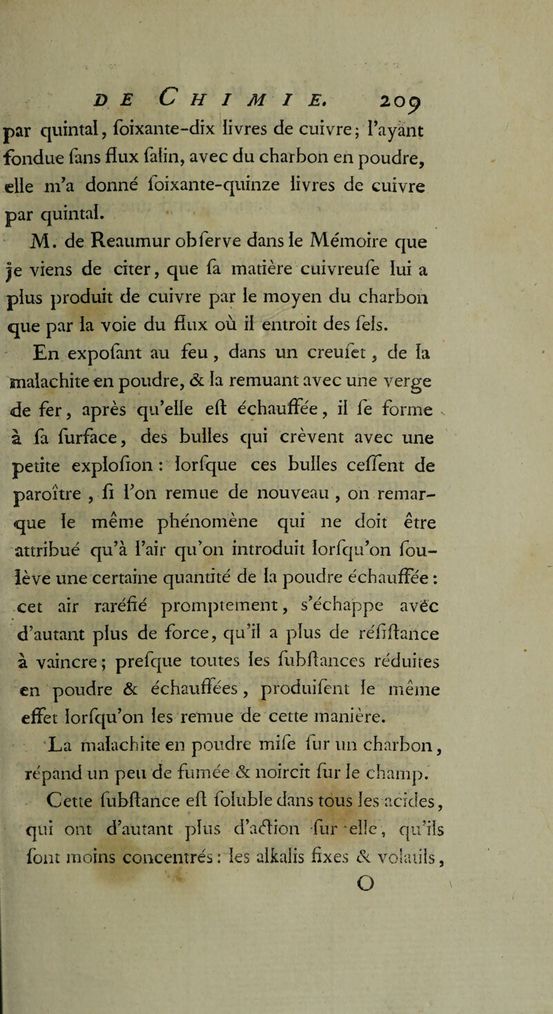 par quintal, foixante-dix livres de cuivre; l’ayant fondue fans flux falin, avec du charbon en poudre, elle m’a donné ioixante-quinze livres de cuivre par quintal. M. de Reaumur obferve dans le Mémoire que Je viens de citer, que fa matière cuivreufe lui a plus produit de cuivre par le moyen du charbon que par la voie du flux où il entroit des Tels. En expofant au feu , dans un creufet, de la malachite en poudre, & la remuant avec une verge de fer, après qu’elle eft échauffée, il fe forme s à fa furface, des bulles qui crèvent avec une petite expiofion : lorfque ces bulles ceffent de paroître , fi l’on remue de nouveau , on remar¬ que le même phénomène qui ne doit être attribué qu’à l’air qu’on introduit lorfqu’on fou- lève une certaine quantité de la poudre échauffée : cet air raréfié promptement, s’échappe avec d’autant plus de force, qu’il a plus de réfiflance à vaincre ; prefque toutes les fubfiances réduites en poudre & échauffées, produifent le même effet lorfqu’on les remue de cette manière. La malachite en poudre mife fur un charbon, répand un peu de fumée & noircit fur le champ. Cette fubflance eft foluble dans tous les acides, ■ qui ont d’autant plus d’aélion fur-elle, qu’ils font moins concentrés : les alkaiis fixes & volatils, O