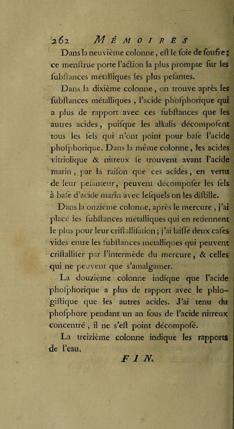 i ■ , Dans îa neuvième colonne, eft le foie de foufre ; ce menftrue porte faction la p!us prompte fur les fubftances métalliques les plus pelantes. Dans la dixième colonne , on trouve après les fubftances métalliques , facide pholphorique qui a plus de rapport avec ces fubftances que les autres acides, puifque les alkalis décompofent tous les leis qui n’ont point pour baie l’acide pholphorique. Dans la même colonne, les acides vitriolique & nitreux ie trouvent avant l’acide marin , par la raifon que ces acides, en vertu de leur peianteur, peuvent décompofer les fels à baie d’acide marin avec lelquels on les diftille. Dans la onzième colonne, après le mercure , j’ai placé les iubftances métalliques qui en retiennent le plus pour leur crift alliiation ; j’ai lailTé deux cales vides entre les iubftances métalliques qui peuvent criftaltiier par l’intermède du mercure, & celles qui ne pein ent que s’amalgamer. La douzième colonne indique que f acide pholphorique a plus de rapport avec le phlo- giftique que les autres acides. J’ai tenu du phofphore pendant un an fous de l’acide nitreux concentré , il ne s’eft point décompofé. La treizième colonne indique les rapports de l’eau» FIN