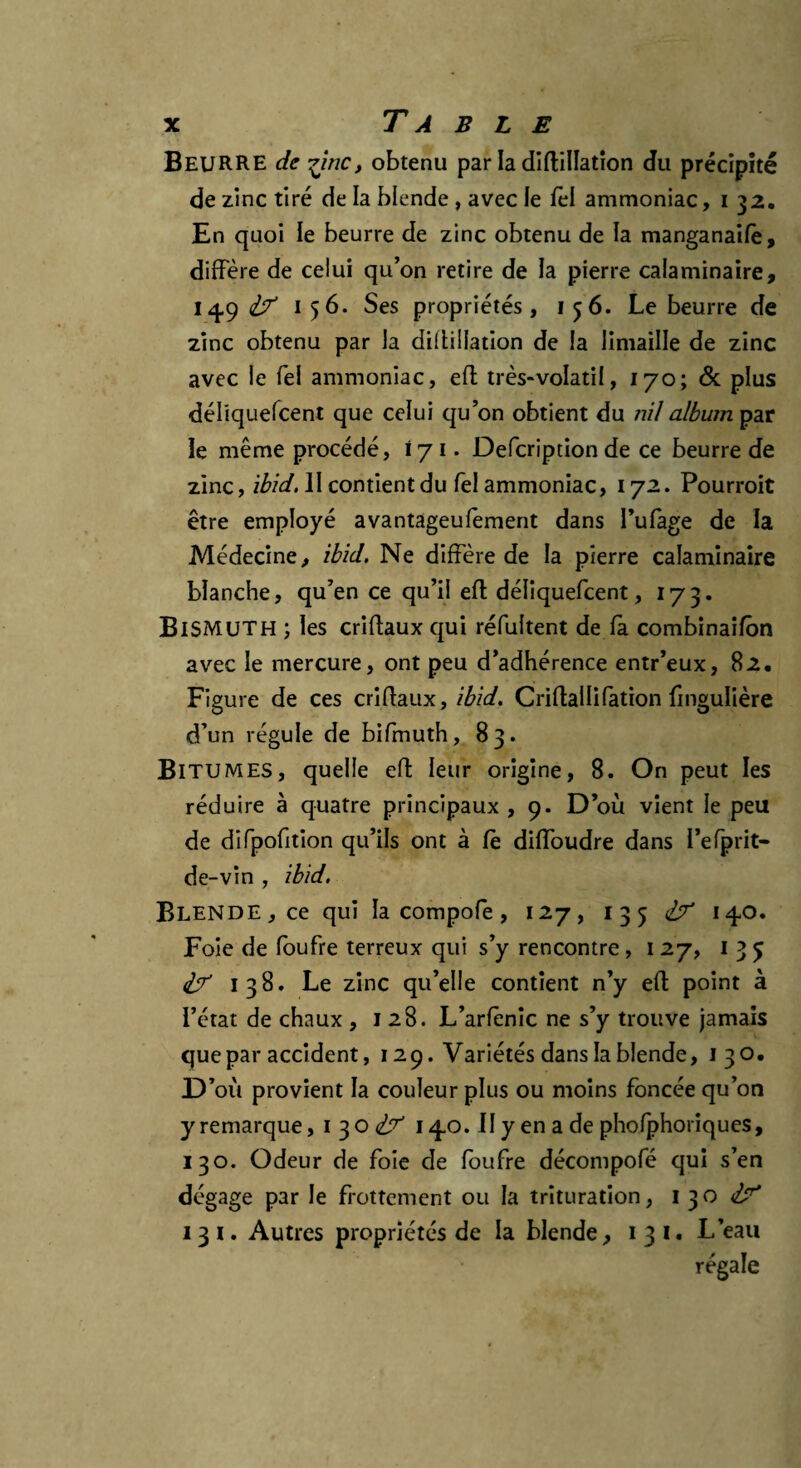 BEURRE de inc, obtenu par la diftilîatîon du précipité de zinc tiré de la blende , avec le lèl ammoniac ,132, En quoi le beurre de zinc obtenu de la manganaifè, diffère de celui qu’on retire de la pierre calaminaire, 14.9 if 156. Ses propriétés, 156. Le beurre de zinc obtenu par la diffillation de la limaille de zinc avec le Tel ammoniac, eff très-volatil, 170; & plus délïquefcent que celui qu’on obtient du n/7 album par le même procédé, 171* Defcription de ce beurre de zinc, ibid. II contient du Tel ammoniac, 172* Pourroit être employé avantageufement dans l’ufage de la Médecine, ibid. Ne diffère de la pierre calaminaire blanche, qu’en ce qu’il eff déliquefcent, 173. BISMUTH ; les criffaux qui réfultent de la combinailôn avec le mercure, ont peu d’adhérence entr’eux, 82. Figure de ces criffaux, ibid. Criffallifation fingulière d’un régule de bifmuth, 83. Bitumes, quelle eff leur origine, 8. On peut les réduire à quatre principaux, 9. D’où vient le peu de difpofition qu’ils ont à le diffoudre dans l’efprit- de-vin , ibid. Blende, ce qui la compofe, 127, 135 <1? 140. Foie de Touffe terreux qui s’y rencontre, 1 27, 1 3 5 if 138. Le zinc qu’elle contient n’y eff point à l’état de chaux , 128. L’arlènic ne s’y trouve jamais que par accident, 129. Variétés dans la blende, 130. D’où provient la couleur plus ou moins foncée qu’on y remarque, 130 if 140. II y en a de pholphoriques, 130. Odeur de foie de loufre décompofé qui s’en dégage par le frottement ou la trituration, 130^ 131. Autres propriétés de la blende, 1 3 1. L’eau régale