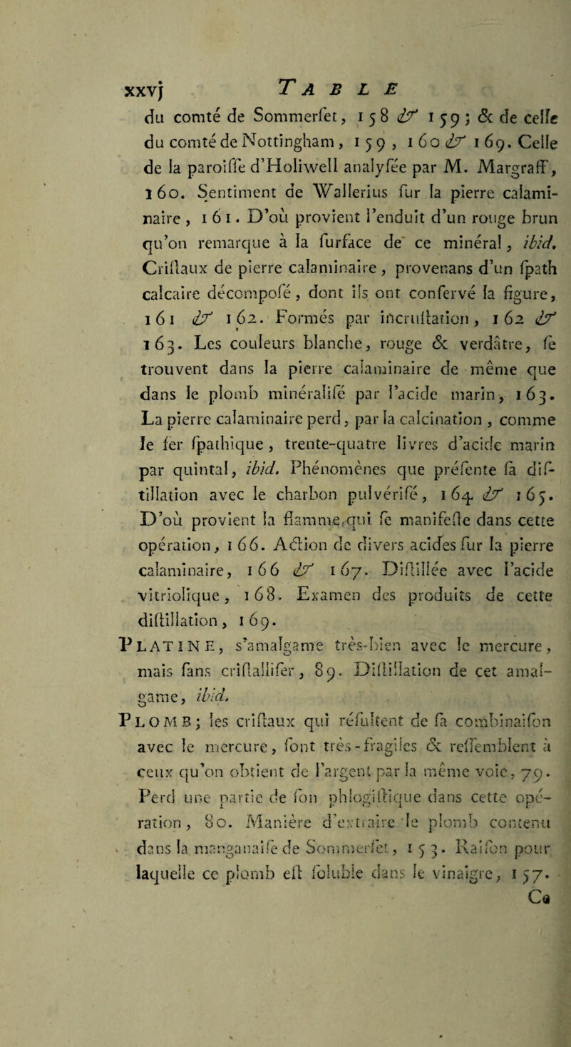 XXVJ du comté de Sommerfet, i 58 if 1 59 ; & de celle du comté de Nottingham, 159, idodT' 169. Celle de la paroiffe d’HoliwelI anaiyfée par M. Alargraff, 160. Sentiment de Wallerius fur la pierre calami- naire , 1 6 1. D’où provient i’enduit d’un rouge brun qu’on remarque à la furface de ce minéral , ibid. Crillaux de pierre calaminaire , provenans d’un fpath calcaire décompofé, dont ils ont confervé la figure, 161 1 62. Formés par incrufiarion, 1 62 d? 163. Les couleurs blanche, rouge & verdâtre, fe trouvent dans la pierre calaminaire de même que dans le plomb minéralile par l’acicle marin, 163. La pierre calaminaire perd, par la calcination , comme le fer fipathîque , trente-quatre livres d’acide marin par quintal, ibid. Phénomènes que préfente fà dif- tilîation avec le charbon pulvérifé, 1 & 165. D’où provient la fkmme.qui fe manifefie dans cette opération, 166. Aélion de divers acides fur la pierre calaminaire, 166 & 167. Dîfiilîée avec l’acide vitriolique, i63. Examen des produits de cette diftillation, 169. Platine, s’amalgame très-bien avec le mercure, mais fans criflallifer, 89. Diflilîation de cet amal¬ game, ibid. O PLOMB; les criflaux qui réfultent de fa combinai (b n avec le mercure, font très-fragiles & reffemblent à ceux qu’on obtient de l’argent par la même voie, 79. Perd une partie de fon phlogiftique dans cette opé¬ ration, 80. Manière d’extraire le plomb contenu dans la manganaifè de Sommerfet, 153* Rai fon pour laquelle ce plomb ell folubie dans le vinaigre, 1 57. Ca