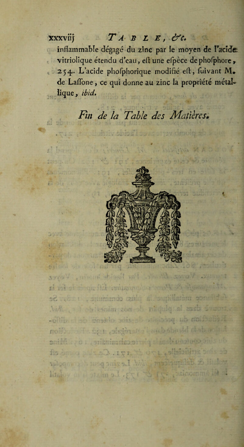 xxxvii) Table, &c* inflammable dégagé du zinc par le moyen de Tacide vitriolique étendu d'eau, eft une efpèce dephofphorc» 254-. L’acide phofphorique modifié e(l, fuivant M. de LafTone, ce qui donne au zinc la propriété métal¬ lique, ibid. Fui de la Table des Matières*