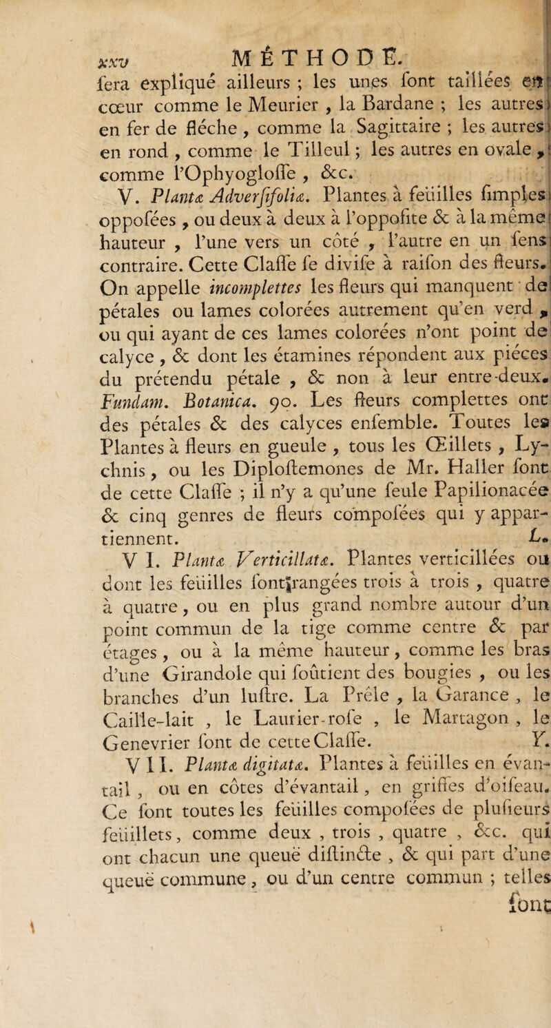 . *XZ/ MÉTHODE, fera expliqué ailleurs ; les unes font taillées eft: cœur comme le Meurier , la Bardane ; les autres jj en fer de flèche , comme la Sagittaire ; les autres) en rond , comme le Tilleul ; les autres en ovale comme l’Ophyoglofle , Stc. V. Planta Adverfifolia. Plantes à feuilles Amples; oppofées , ou deux à deux à l’oppofite & à la même ! hauteur , Tune vers un côté , l’autre en un fens: contraire. Cette Claflè fe divife à raifon des fleurs. On appelle incomplettes les fleurs qui manquent de; pétales ou lames colorées autrement qu’en verd , ou qui ayant de ces lames colorées n’ont point de calyce , St dont les étamines répondent aux pièces du prétendu pétale , & non à leur entre-deux. Fundam. Botanica. 90. Les fleurs complexes ont: des pétales St des calyces enfemble. Toutes le» Plantes à fleurs en gueule , tous les Œillets , Ly¬ chnis , ou les Diploflemones de Mr. Haller font de cette Clafle ; il n’y a qu’une feule Papilionacée St cinq genres de fleurs compofées qui y appar¬ tiennent. L. V I. Plantœ Verticillatœ. Plantes verticillées ou dont les feuilles fontjrangées trois à trois , quatre à quatre, ou en plus grand nombre autour d’un point commun de la tige comme centre & par étages , ou à la même hauteur, comme les bras d’une Girandole qui foûtient des bougies , ou les branches d’un luftre. La Prêle, la Garance , le Caille-lait , le Laurier-rofe , le Martagon , le Genevrier font de cette Clafle. Y. VIL Plantœ dignata. Plantes à feuilles en évan¬ tail , ou en côtes d’évantail, en griffes d’oifeau. Ce font toutes les feuilles compofées de plu heurs feiiillets, comme deux , trois , quatre , Stc. qui ont chacun une queue diflinde , St qui part d’une queue commune, ou d’un centre commun ; telles font