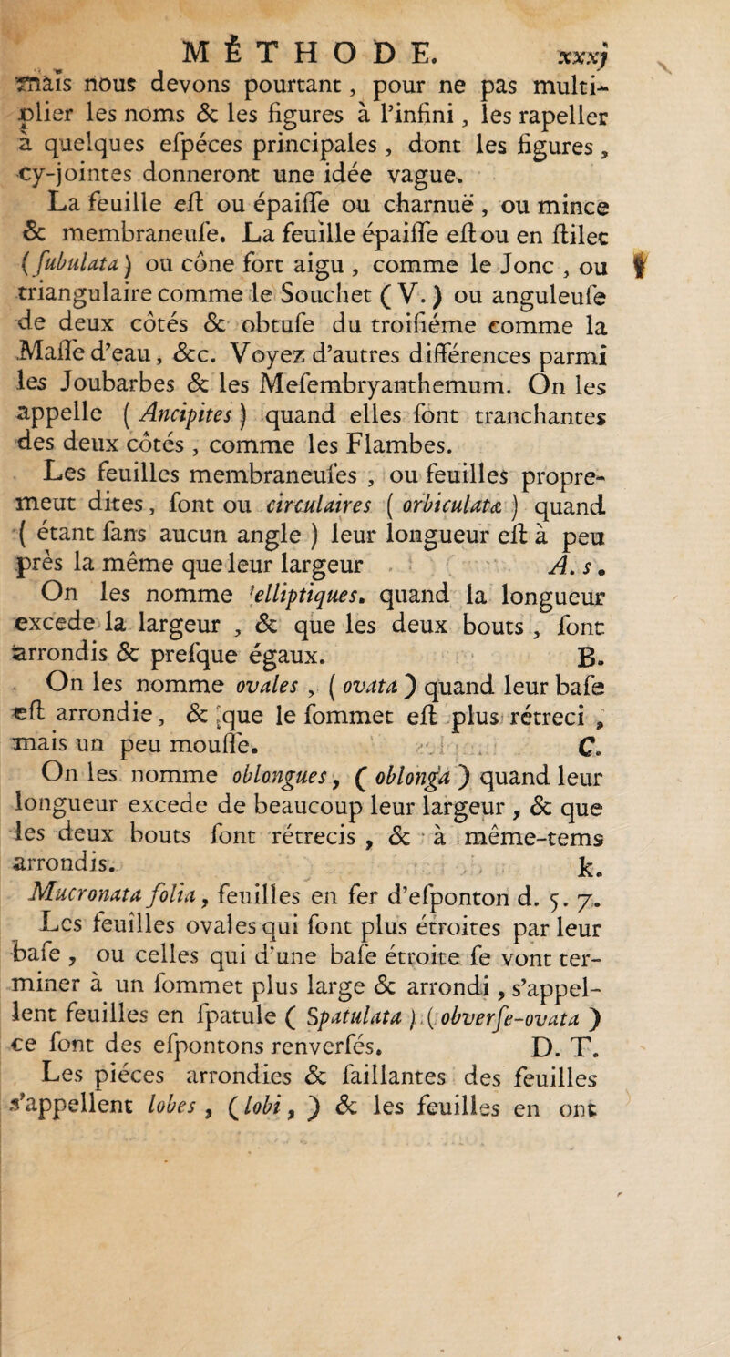 ‘maïs nous devons pourtant, pour ne pas multi¬ plier les noms 6c les figures à l’infini, les rapeller à quelques efpéces principales , dont les figures, Cy-j ointes donneront une idée vague. La feuille efl ou épaiffe ou charnue , ou mince 6c membraneufe. La feuille épaiffe efl ou en flilec ( fabulata) ou cône fort aigu , comme le Jonc , ou triangulaire comme le Souchet (V.) ou anguleufe de deux côtés 6c obtufe du troifiéme comme la Mafîé d’eau, 6cc. Voyez d’autres différences parmi les Joubarbes 6c les Mefembryanthemum. On les appelle ( Ancipites ) quand elles font tranchantes des deux côtés , comme les Flambes. Les feuilles membraneufes , ou feuilles propre¬ ment dites, font ou circulaires ( orbiculata ) quand ( étant fans aucun angle ) leur longueur efl à peu près la même que leur largeur A. s # On les nomme ;elliptiques. quand la longueur excede la largeur , 6c que les deux bouts , font arrondis 6c prefque égaux. B. On les nomme ovales , ( ovata ) quand leur bafe efl arrondie, 6c 'que le fommet efl plus rétréci , mais un peu moufle. C. On les nomme oblongues, ( oblonga ) quand leur longueur excede de beaucoup leur largeur , 6c que les deux bouts font rétrécis , 6c à même-tems arrondis. Mucronata folia, feuilles en fer d’efponton d. 5. 7. Les feuilles ovales qui font plus étroites parleur bafe , ou celles qui d'une bafe étroite fe vont ter¬ miner à un fommet plus large 6c arrondi, s’appel¬ lent feuilles en fpatule ( Spatulata ) .( obverfe-ovata ) ce font des efpontons renverfés, D. T. Les pièces arrondies 6c faillantes des feuilles s’appellent lobes, ( lobi, ) 6c les feuilles en ont