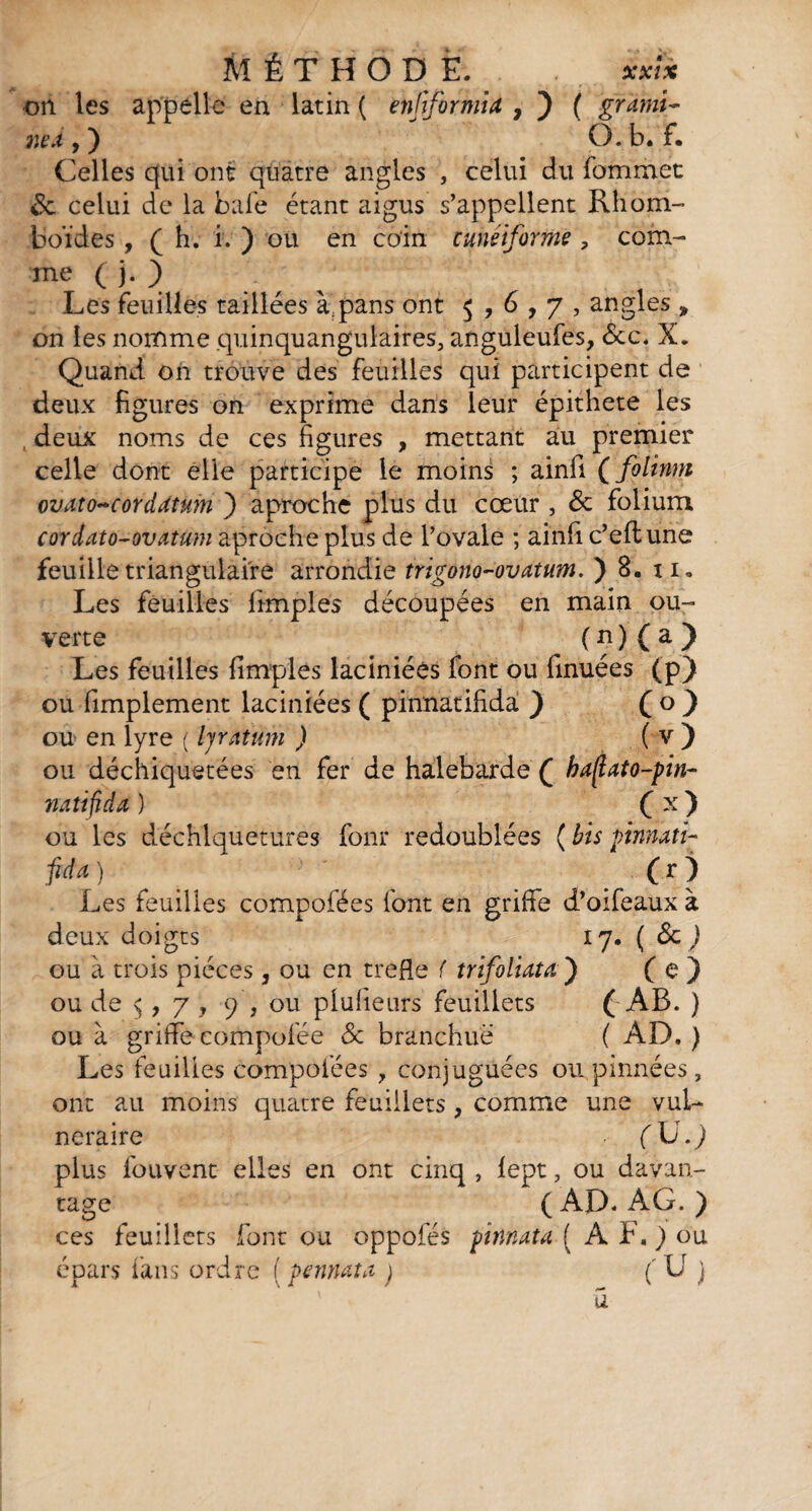 on les appelle en latin ( enfiformia 7 ) ( grami¬ ne À y ) O. b. f. Celles qui ont quatre angles , celui du fommet St celui de la bafe étant aigus s’appellent Rhom¬ boïdes , ( h. i. ) ou en coin cunéiforme , com- me ( j. ) Les feuilles taillées à,pans ont $,6,7, angles > on les nomme quinquangulaires, anguleufes, Stc* X. Quand on trouve des feuilles qui participent de deux figures on exprime dans leur épithete les , deux noms de ces figures , mettant au premier celle dont elie participe le moins ; ainfi ( folinm ovato-corddtum ) aproche plus du cœur , St folium cor data-ovatum aproche plus de l’ovale ; ainfi c’eftune feuille triangulaire arrondie trigono-ovatum. ) 8. 11. Les feuilles fimples découpées en main ou¬ verte ( n ) ( a ) Les feuilles fimples laciniées font ou finuées (p) ou fimplement laciniées ( pinnatifidà ) ( o ) ou en lyre ( f ratum ) ( v ) ou déchiquetées en fer de halebarde ( hafato-pin- natifidd ) C x ) ou les déchlquetures four redoublées ( bis pinnati- fida ) ( r ) Les feuilles compofées font en griffe d’oifeaux à deux doigts 17. (St) ou à trois pièces, ou en trèfle f trifoliata') ( e ) ou de 5,7 , 9 , ou plufieurs feuillets ( AR. ) ou à griffe compofée & branchuë ( AD. ) Les feuilles compofées y conjuguées ou .pinnées, ont au moins quatre feuillets, comme une vul¬ néraire . - (\J.) plus fouvent elles en ont cinq , iept, ou davan¬ tage ( AD* AG. ) ces feuillets font ou oppofés pinnata ( A F, ) ou épars fans ordre [pennata ) ('U )
