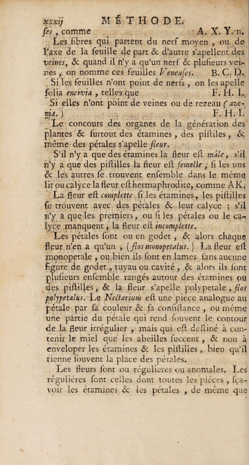 O * MÉTHODE. fis, comme A. X. Y. ru Les fibres qui partent du nerf moyen , ou de l’axe de la feuille de part 6c d’autre s’apellent des veines, 6c quand il n’y a qu’un nerf 6c plufieurs vei¬ nes , on nomme ces feuiiies Veneufes. B. C. D. Si les feuilles n’ont point de nerfs , on les apelle folia enervia , telles que F. H. 1. Si elles n’ont point de veines ou de rezeau Çave^ nia. ) F. H. L Le concours des organes de la génération des plantes 6c furtout des étamines, des piftiles, 6c même des pétales s'apelle fleur. S’il n’y a que des étamines la rieur eft male, s’il n’y a que des piftilles la fleur eft femelle ; fi les uns 6c les autres fe trouvent enfemble dans le même lit ou calyce la fleur eft hermaphrodite, comme AK. La fleur eft commette fi les étamines, les piftilles fe trouvent avec des pétales 6c leur calyce ; s’il n’y a que les premiers, ou fi les pétales ou le ca¬ lyce manquent, la fleur eft incomplette. Les pétales font ou en godet, 6c alors chaque fleur n’en a qu’un , [fios monopetalus.) La fleur eft monopetaie , ou bien ils font en lames fans aucune figure de godet, tuyau ou cavité , 6c alors iis font plufieurs enfemble rangés autour des étamines ou des piftilles, 6t la fleur s’apelle po.lypetale , fios frôlypetalus. Le Nectarïuni eft une pièce analogue au pétale par fa couleur 6c fa confifiance , ou même une partie du pétale qui rend do uvent le contour de la fleur irrégulier , mais qui eft defliné à con¬ tenir le miel que les abeilles fuccent , 6c non à enveloper les étamines 6c les piftilles , bien qu’il tienne fouvent la place des pétales. Les fleurs font ou régulières ou anomales. Les régulières font celles dont toutes les- pièces , fça- voir les étamines 6c les pétales , de meme que