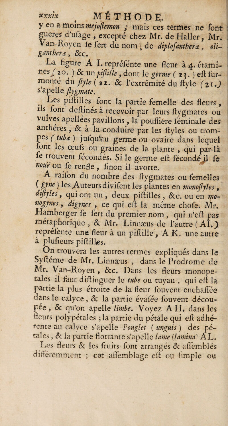 ***** ^ méthode;. y en a moins mejoflemon ; mais ces termes ne font i guerçs d’ufage , excepté chez Mr. de Haller, Mr. Van-Royen le fert du nom ; de diplofantherœ , oli- gantherœ, 6c c. Là figure A I. repréiénte une fleur à 4. étami- 15es / 20. ) «5c un pifiille , dont le germe ( 2 $. ) eR fur- monté du fijle (21. 6c l’extrémité du flyle (21.J s’apelle fiygmate. Les piililieS' font la partie femelle des fleurs, ils font deRines à recevoir par leurs Rygmates ou vulves apellées pavillons , la pouffiére féminale des anthères, 6c à la conduire par les Rylçs ou trom¬ pes (tuba, ) ju(qu'au germe ou ovaire dans lequel font les œufs ou graines de la plante , qui par-là fe trouvent fécondés. Si le germe eR fécondé jl fe noue ou fe rende , linon il avorte. A raifon du nombre des Rygmates ou femelles ( gyne ) les Auteurs divifent les plantes en monoftyles % dtftyles, qui ont un , deux piRilles , 6cc. ou en mo~ nogynes, digynes , ce qui eR la même chofe. Mr. Hamberger fe fert du premier nom , qui n’eR pas métaphorique , 6c Mr. Linnæus de l’autre ( AI. ) repréfente une fleur à un pifiille, AK. une autre à plufieurs piRill<es. On trouvera les autres termes expliqués dans le SyRéme de Mr. Linnæus , dans le Prodrome de Mr. Van-Royen , 6cc. Dans les fleurs monope- tales il faut diRinguer le tube ou tuyau , qui eR la partie la plus étroite de la fleur fouvent enchalfée dans le calyce , 6c la partie évafée fouvent décou¬ pée , 6c qu’on apelle limbe. Voyez AH. dans les fleurs polypétales ; la partie du pétale qui eR adhé¬ rente au calyce s’apelle l'onglet ( unguis ) des pé¬ tales , 6: la partie flottante s’apelle lame [laminé AL. Les fleurs 6c les fruits font arrangés 6c affemblés différemment ; cet affemblage eR ou (impie ou
