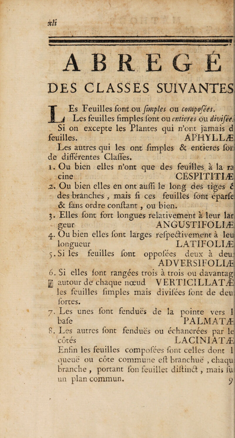 A B R E G DES CLASSES SUIVANTES. Es Feuilles font ou [impies ou cornpofées. J Les feuilles fimples font ou entières ou divifée: I Si on excepte les Plantes qui n’ont jamais d feuilles. APHYLLÆ Les autres qui les ont fimples & entières for! de différentes Claffes. i. Ou bien elles n’ont que des feuilles à la ra cine CESPITITIÆ z. Ou bien elles en ont aufïï le long des tiges é des branches mais fi ces feuilles font éparfe ôc fans ordre confiant , ou bien. 3. Elles font fort longues relativement à leur lar geur ANGUSTIFOLIÆ 4. Ou bien elles font larges refpe&ivemeht à leu longueur LATIFOLIÆ. 5. Si les feuilles font oppofées deux à deu: ADVERSIFOLIÆ 6. Si elles font rangées trois à trois ou davantag g autour de chaque nœud VERTICILLATÆ. . les feuilles fimples mais divilées font de deu : fortes. 7. Les unes font fendues de la pointe vers 1 bafe PALMATÆj R. Les autres font fendues ou échancrées par le côtés LACINIATÆ, Enfin les feuilles cornpofées font celles dont 1 queue ou côte commune efl branchuë , chaqu branche , portant Ion feuillet diltinét, mais lu un plan commun. y