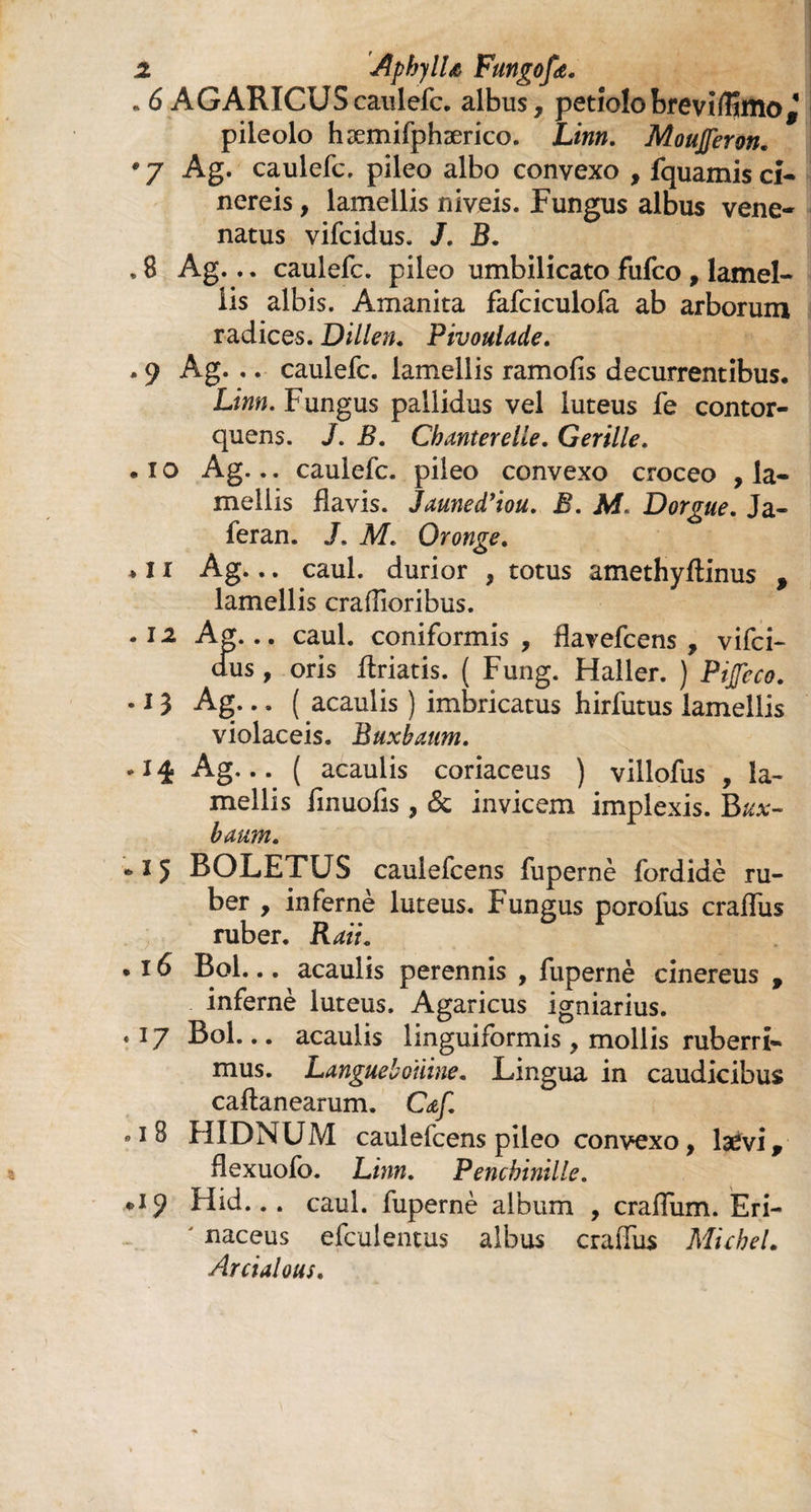 . 6 AGARICUScaulefc. albus, petiolobrevi/Emo,* pileolo hæmifphærico. Linn. Moujferon. # 7 Ag. caulefc. pileo albo convexo , fquamis ci¬ nereis , lamellis niveis. Fungus albus vene¬ natus vifcidus. /. B. . 8 Ag... caulefc. pileo umbilicato fufco , lamel¬ lis albis. Amanita fafciculofa ab arborum radices. Dillen. Pivoulade. . 9 Ag. .. caulefc. lamellis ramofis decurrentibus, Linn. Fungus pallidus vel luteus fe contor¬ quens. J. B. Chanterelle. Gerille. .io Ag... caulefc. pileo convexo croceo , la¬ mellis flavis. Jauned’iou. B. M Dorgue. Ja- feran. J. M. Oronge. * 11 Ag... caul. durior , totus amethyftinus , lamellis craflioribus. .12 Ag... caul. coniformis , flavefcens , vifci¬ dus , oris flriatis. ( Fung. Haller. ) Pijfeco. •13 Ag... ( acaulis ) imbricatus hirfutus lamellis violaceis. Buxbaum. *1 i Ag... ( acaulis coriaceus ) villofus , la¬ mellis fmuofis , & invicem implexis. Bux¬ baum. »15 BOLETUS caulefcens fupernè fordidè ru¬ ber , infernè luteus. Fungus porofus crafliis ruber. Raii. • 16 Bol... acaulis perennis , fupernè cinereus , infernè luteus. Agaricus igniarius. ♦ 17 Bol... acaulis linguiformis, mollis ruberri¬ mus. Langueboiiuie. Lingua in caudicibus caftanearum. Ce/I ° 1 B HIDNUM caulefcens pileo convexo, laevi, flexuofo. Linn. Penchinille. «>19 Hid... caul. fupernè album , crafium. Eri¬ naceus efculentus albus craffus Michel. Arcialous.