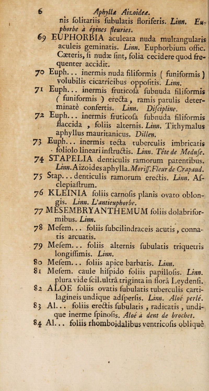 b ^ AphylU AîTLoïdeœ. ms folitariis fubulatis floriferis. Linn. Eu¬ phorbe a épines fleuries. 69 EUPHORBIA aculeata nuda multangularis aculeis geminatis. Limi, Euphorbium offic. Cæteris, fi nudæ fint, folia cecidere quod fre- ^ quenter accidit. 70 Euph.. inermis nuda filiformis ( funiformis ) volubilis cicatricibus oppofitis. Linn. 71 Euph... inermis fruticofa fubnuda filiformis ( funiformis ) efeda, ramis patulis deter¬ minate confertis. Linn, Difcipline.. 7Z Euph... inermis fruticofa fubnuda filiformis flaccida , foliis alternis. Linn, Tithymalus aphyllus mauritanicus. Dillen. 75 Euph... inermis teda tuberculis imbricatis • foliolo lineariinftrudis. Linn. Tête de Medufe. 74 STAPELIA denticulis ramorum patentibus. Linn, Aizoides aphylla.MoriJf.Fleur de Crapaud, 7J Stap... denticulis ramorum eredis. Linn, Af- clepiaflrum. 76 KLEINIA foliis carnofis planis ovato oblon¬ gis. Linn. L’antieuphorbe. 77 MESEMBRYANTHEMUM foliis dolabrifor- mibus. Linn. 78 Mefem... foliis fubcilindraceis acutis, conna¬ tis arcuatis. . 79 Mefem. .. foliis alternis fubulatis triquetris longiflimis. Linn. 80 Mefem... foliis apice barbatis. Linn. 81 Mefem. caule hifpido foliis papillofis. Linn. plura vide fcil.ultrâ triginta in florâ Leydenfi. 82 ALOE foliis ovatis fubulatis tuberculis carti¬ lagineis undique adfperfis. Linn. Aloé perlé. 8 j AI... foliis eredis fubulatis , radicatis, undi¬ que inerme fpinofis. Aloé à dent de brochet. 84 Al... foliis rhomboidalibus ventricofis obliqué