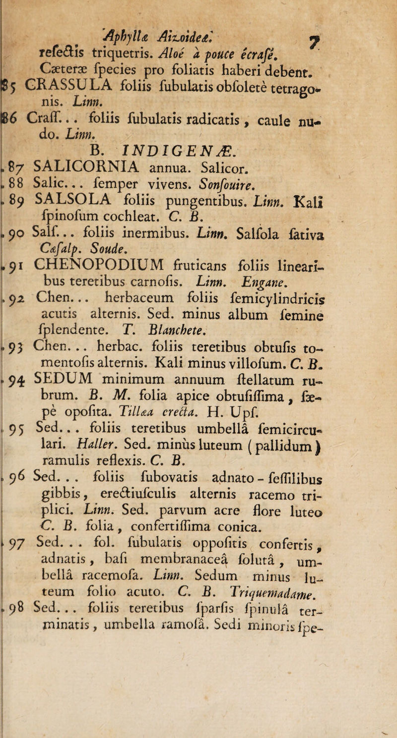 AphjlU Ainoide&l jp refe&îs triquetris. Aloé a pouce écrafé. Cæteræ fpecies pro foliatis haberi debent. S5 GRASSU LA foliis fubulatis obfoletè tetrago* nis. Linn. g 6 CraflT... foliis fubulatis radicatis, caule nu¬ do. Linn. B. 1NDIGENÆ. . 87 SALICORNIA annua. Salicor. L B 8 Salie... femper vivens. Sonfouire. „ 89 SALSOLA foliis pungentibus. Linn. Kali fpinofum cochleat. C. B. B 90 Salf... foliis inermibus. Linn. Salfola fativa Cdfalp. Soude. .91 CHENOPODIUM fruticans foliis lineari¬ bus teretibus carnofis. Linn. Engane. L 92. Chen... herbaceum foliis femicylindricis acutis alternis. Sed. minus album femine fplendente. T. Blanchete. .95 Chen... herbae, foliis teretibus obtufis to- mentofis alternis. Kali minus villofum. C. B. .94 SEDUM minimum annuum Rellatum ru¬ brum. B. M. folia apice obtufiflima, fse- pè opofita. TilUa creti a. H. Upf. 95 Sed... foliis teretibus umbella femicircu-* lari. Haller. Sed. minus luteum ( pallidum ) ramulis reflexis. C. B. >96 Sed... foliis fubovatis adnato - feflilibus gibbis, ere&iufculis alternis racemo tri¬ plici. Linn. Sed. parvum acre flore luteo C. B. folia, confertiflima conica. • 97 Sed. . . fol. fubulatis oppofitis confertis, adnatis, bafi membranaceâ folutâ, bellâ racemofa. Linn. Sedum minus lu¬ teum folio acuto. C. B. Triquemadame. ► 98 Sed. . . foliis teretibus fparfis fpinulâ ter¬ minatis, umbella ramofâ. Sedi minoris ipe-