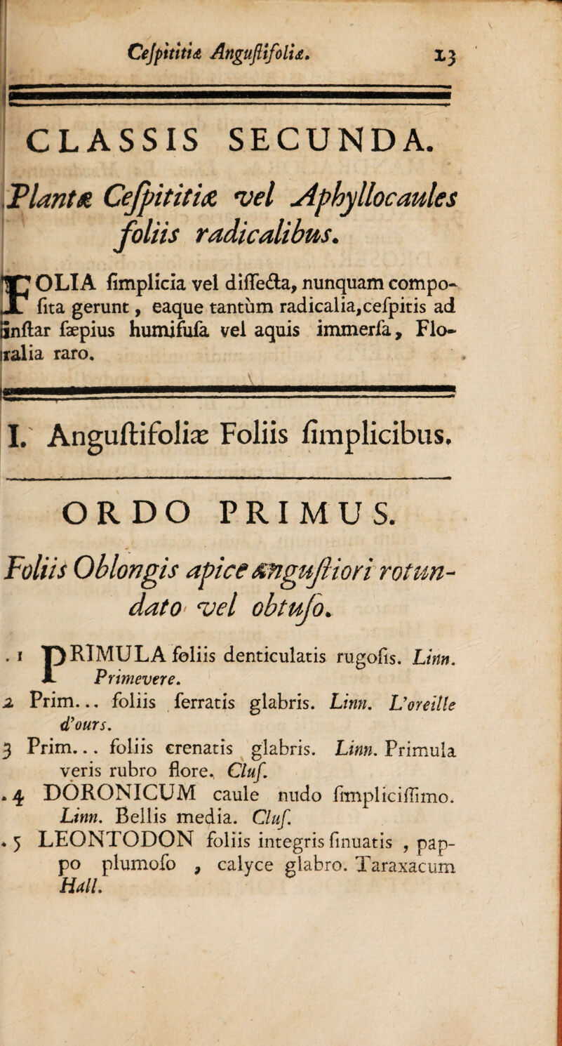 \ CeJpititU AnguftifolU. 13 CLASSIS SECUNDA. Tlantét Cefpititiœ *vel Aphyllocaules foliis radicalibus. OLIA fimplicia vel diflfe&a, nunquam compo- JL fita gerunt, eaque tantum radicalia,cefpitis ad Snftar fæpius humifufa vel aquis immerfa, Flo~ irai i a raro. I. Anguftifoliæ Foliis fimplicibus. ORDO PRIMUS. Foliis Oblongis apice mgujîiori rot un- datO’ vel obtufo. . i pRlMULA foliis denticulatis rugofis. Linn. i- Primevere. 2. Prim... foliis ferratis glabris. Linn. L’oreille d’ours. 3 Prim... foliis crenatis glabris. Linn. Primula veris rubro flore., Cluf. . 4 DORONICUM caule nudo fimpliciffimo. Linn. Bellis media. Cluf. * 5 LEONTODON foliis integris fmuatis , pap¬ po plumofo 9 calyce glabro. Taraxacum Hali.