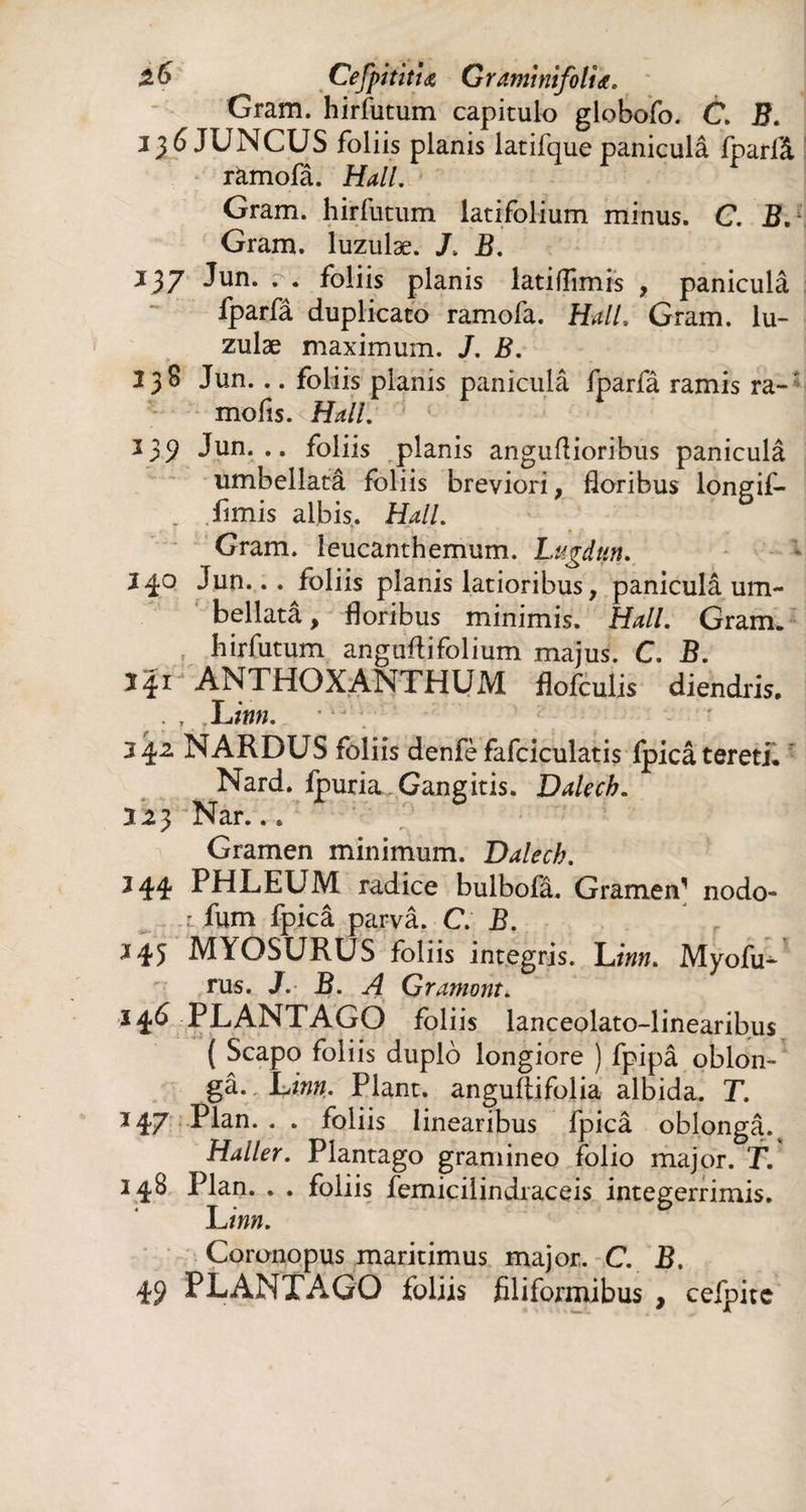 2 6 CefpititU Grarnmfolit. Gram, hirfutum capitulo globofo. C. B. 136 JUNCUS foliis planis latifque paniculâ fparfâ ramofâ. Hall. Gram, hirfutum latifolium minus. C. B. Gram, luzulæ. J. B. Jun* foliis planis latiffimis , paniculâ fparfâ duplicato ramofa. Hall, Gram, lu¬ zulæ maximum. J. B. 238 Jun... foliis planis paniculâ fparfâ ramis ra-r mofis. Hall. 239 Jun... foliis planis anguflioribus paniculâ umbellatâ foliis breviori, floribus longif- . fimis albis. Hall. Gram, leucanthemum. Lugdun. *4° Jun... foliis planis latioribus, paniculâ um¬ bellatâ , floribus minimis. Hall. Gram. . hirfutum anguftifolium majus. C. B. ï|r ANTHOXANTHUM flofculis diendris. . , ÏJnn. 242 NARDUS foliîs denfè fafciculatis fpicâ tereth Nard, fpuria Gangitis. Dalecb. 323 Nar... Gramen minimum. Dalecb. 2 44 PHLEUM radice bulbofâ. Gramen’’ nodo- : fum fpicâ parvâ. C. B. 345 MYOSURUS foliis integris. Linn. Myofu- rus. J. B. A Gramont. 146 PLANTAGO foliis lanceolato-linearibus ( Scapo foliis duplô longiore ) fpipâ oblon- gâ. L inn. Piant, angufiifolia albida. T. 247 Plan. . . foliis linearibus fpicâ oblongâ% Haller. Plantago gramineo folio major. T. 148 Plan. . . foliis femiciiindraceis integerrimis. \Jinn. Coronopus maritimus major. C. B. 49 PLANTAGO foliis filiformibus , cefpitc