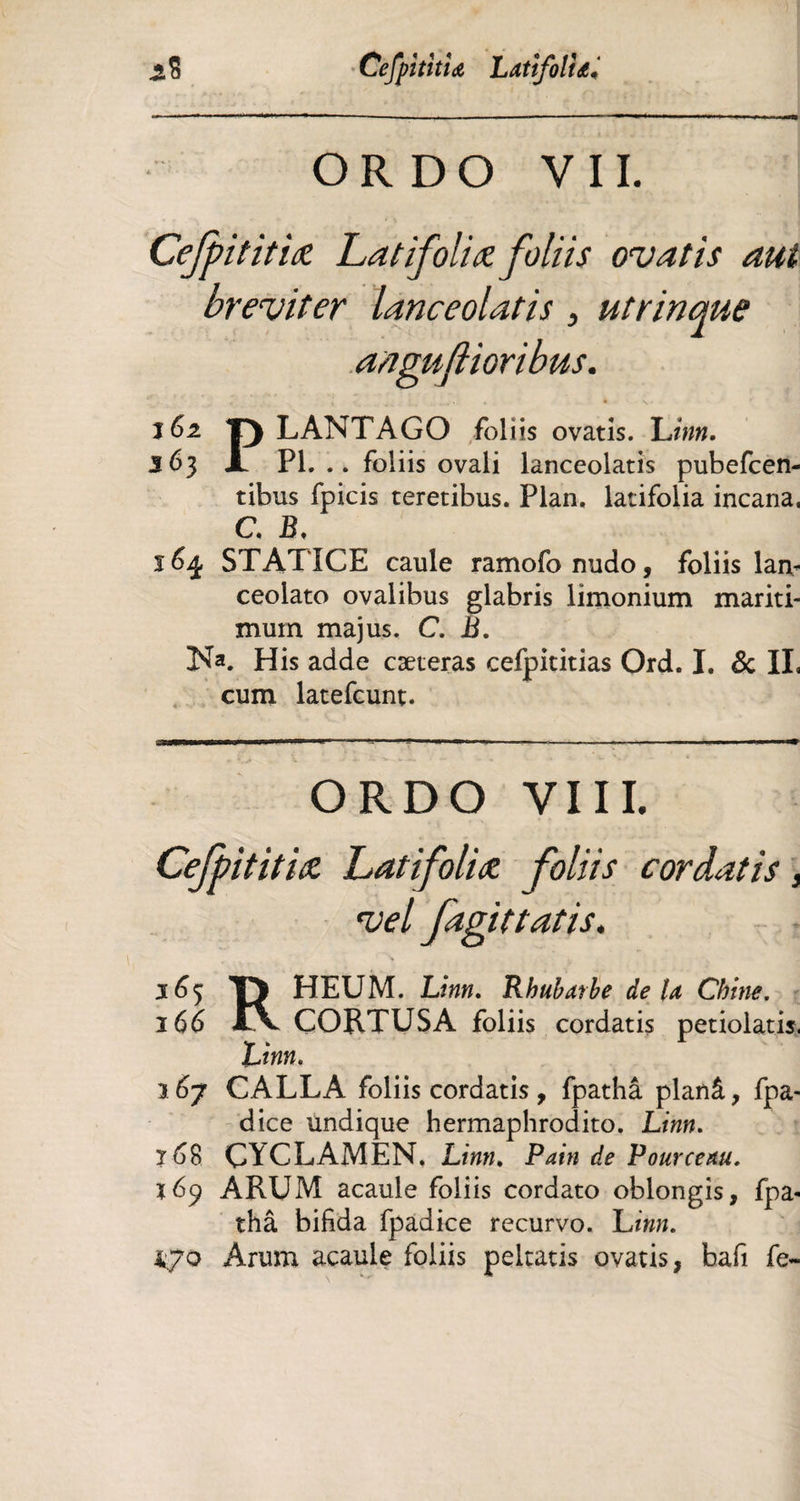 ORDO VIL Cefpititia Latifolia foliis ovatis aut breviter lanceolatis , utriaque 762 T) LANTAGO foliis ovatis. Linn. 363 JL Pl. .. foliis ovali lanceolatis pubefcen- tibus fpicis teretibus. Plan, latifolia incana, C, jB, 164, STATICE caule ramofonudo, foliis laiv ceolato ovalibus glabris limonium mariti¬ mum majus. C. B. N*. His adde cæteras cefpititias Ord. L & II, cum latefcunt. ORDO VIII. Cefpititia Latifolia foliis cordatis, vel fagittatis. 365 T) HEUM. Linn. Rhubarbe delà Chine. 166 iV CORTUSA foliis cordatis petiolatis, Linn. 167 CALLA foliis cordatis, fpathâ planâ, fpa- dice undique hermaphrodito. Linn. 768 ÇYCLAMEN, Linn. Pain de Pourceau. x6y ARUM acaule foliis cordato oblongis, fpa¬ thâ bifida fpadice recurvo. L inn. 470 Arum acaule foliis peltatis ovatis, bafi fe-