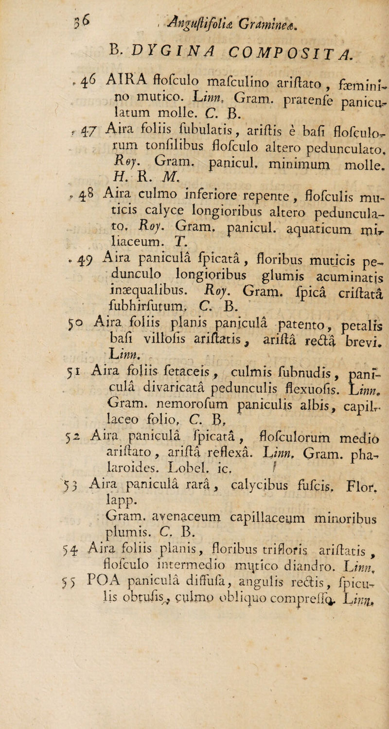 3 & ' dngufUfolu Graminea. B. D Y G I N A COMPOSITA. , 46 ATRA flofculo mafculino ariftato , fæmini- no mutico. Linn, Gram, pratenfe Danicu.- iatum molle. CB. F r 47 Aira foliis fubulatis, ariftis è bafi flofçulo*- rum tonfilibus flofculo altero pedunculato, Rej. Gram, panicul, minimum molle. H. R. M. « 4^ Aira culmo inferiore repente, fiolculis mu¬ ticis calyce longioribus altero peduncula- to. Roy. Gram. panicul. aquaticum miT liaceum. T. • 49 Aira paniculâ fpicatâ, floribus mutjcis pe~ dunculo longioribus glumis acuminatis inaequalibus. Roy. Gram. fpicâ criftatâ fubhirfutum, C. B. 50 Aira foliis planis paniculâ patento, petalis bafi villofis ariftatis, ariftâ redâ brevi. L inn. 51 Aira foliis fetaceis , culmis fubnudis, pani¬ culâ divaricatâ pedunculis flexuofis. L inn, Gram. nemorofum paniculis albis, capiR laceo folio, C. B, 5^ Aira paniculâ fpicatâ, flofculorum medio ariftato, ariftâ reflexâ. L inn, Gram. pha- laroides. Lobel. ic. f 53 Aira paniculâ rarâ, calycibus fufcis. Flor. lapp. Gram. avenaceum capillaceum minoribus plumis. C. B. 54 Aira foliis planis, floribus triflofis ariftatis , flofculo intermedio mqtico diandro. L inn, 55 POA paniculâ diffufa, angulis redis, Apicu¬ lis obtuiis^ culmo obliquo compreffc*. Limu