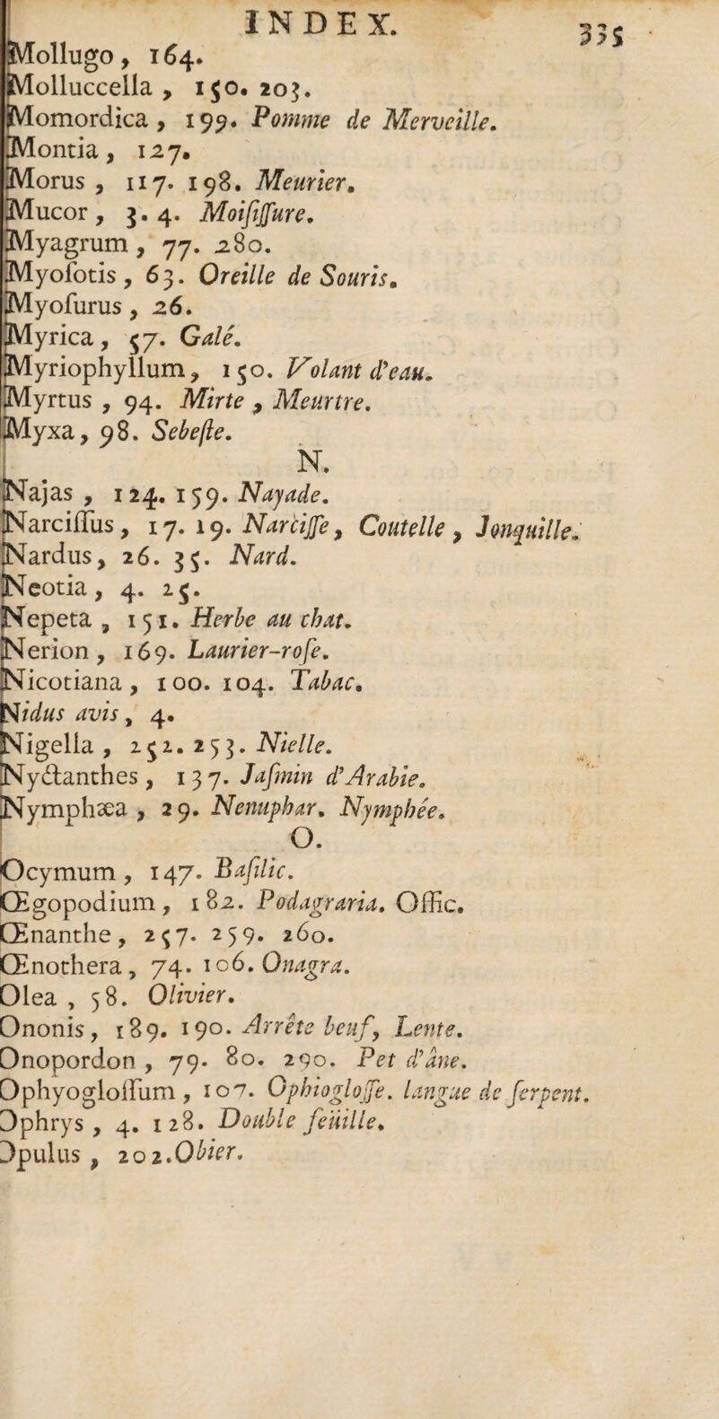 2 c ollugo, T64. olluccella , 150. 205. omordica , 199. Pomme de Merveille. ontia, i^7« Morus, 117. 198. Meurier. Mucor, 3.4. Moifijfure. y agrum, 77. .280. yofotis , 63. Oreille de Souris» yofurus, 2.6. y rica, 57. G de. yriophyllum, 150. Volant d'eau. Myrtus , 94. Mirte , Meurtre. Myxa, 98. Sebefle. N. Najas , 124. 159. Nayade. Narciffus, 17. 19. Narcijfe, Coutelle , Jonquille. Nardus, 26. 35. Nard. Ncotia, 4. 25. Nepeta , 1 51. chat. Nerion , 169. Laurier-rofe. Nicotiana, 100. 104. Tabae» yidus avis, 4, Nigella , 252.253. Nielle. Nydanthes , 137. Jafmin d'Arabie» Nymphæa ,29. Nénuphar. Nymphée. O. Ocymum, 147. Bafilic. Œgopodium , 182. Podagraria. Offic. Œnanthe, 257. 259. 260. Œnothera, 74. 106. Onagra. Olea ,58. Olivier. Ononis, 189. 190. Arrête heuf, Lente. Dnopordon , 79. 80. 290. Pet d'âne. Ophyogloffum , 107. Ophioglojfe. langue de ferpent. Dphrys , 4. 128. Double feuille. Dpulus , 202.Obier.